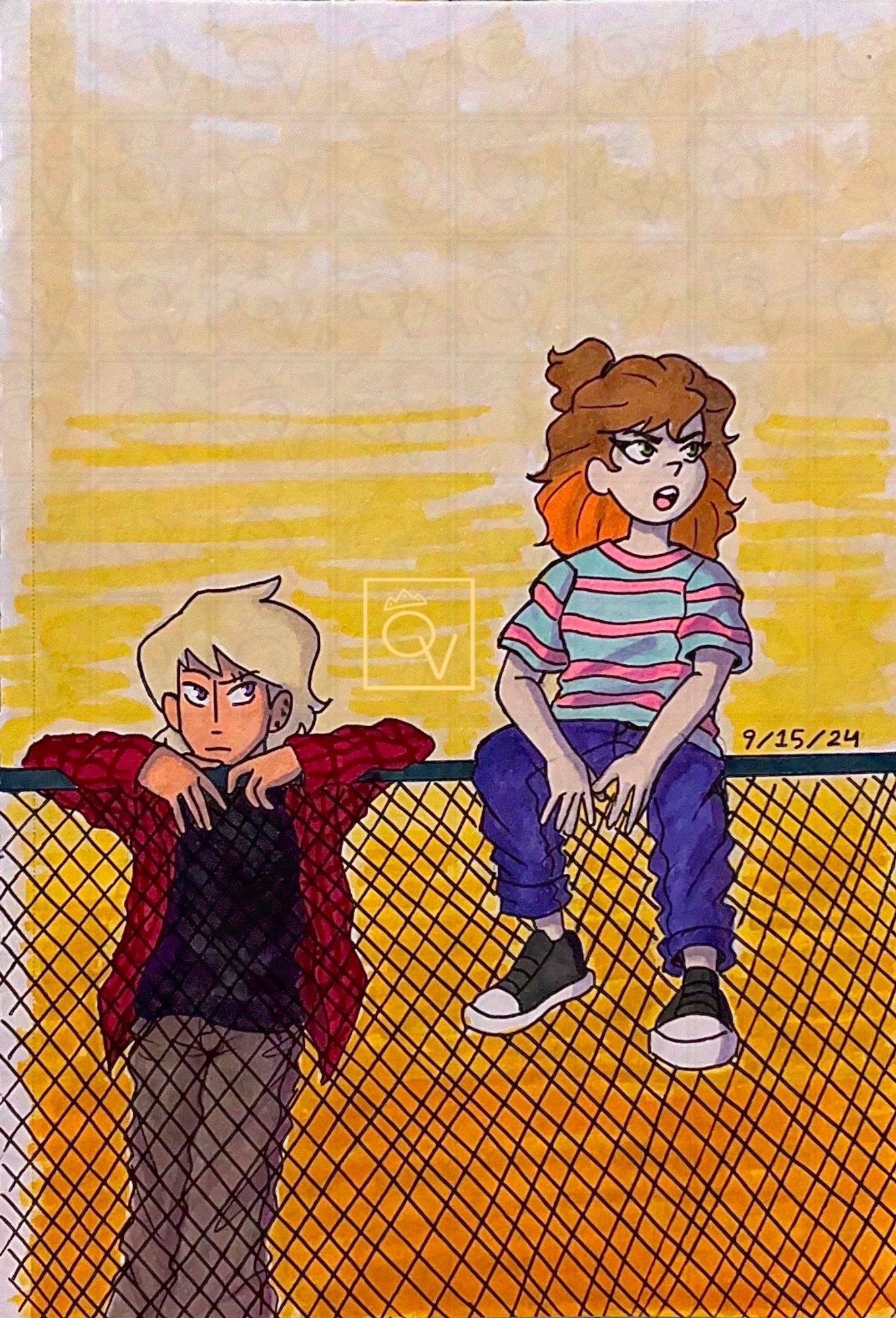 Traditionally drawn and colored image of Queeny’s OCs Punkboy and Lisa in their Action Realm designs. Punkboy is leaned against a fence with his arms resting atop looking up at Lisa who is sitting on the fence itself and talking. The sky behind them is a yellow to orange gradient sunset.