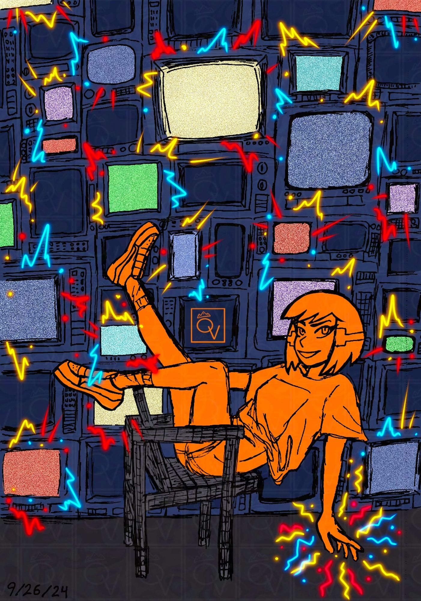 A drawing of Queeny’s OC Lisa. The drawing itself is traditionally sketched but the color was done digitally.

Lisa is sitting on a raggedy old wooden chair backwards with her legs kicked out and leaning down with one arm outstretched towards the ground using her electromagnetic powers to interfere with a wall stacked with old TVs behind her causing them to turn on with various colors of static.