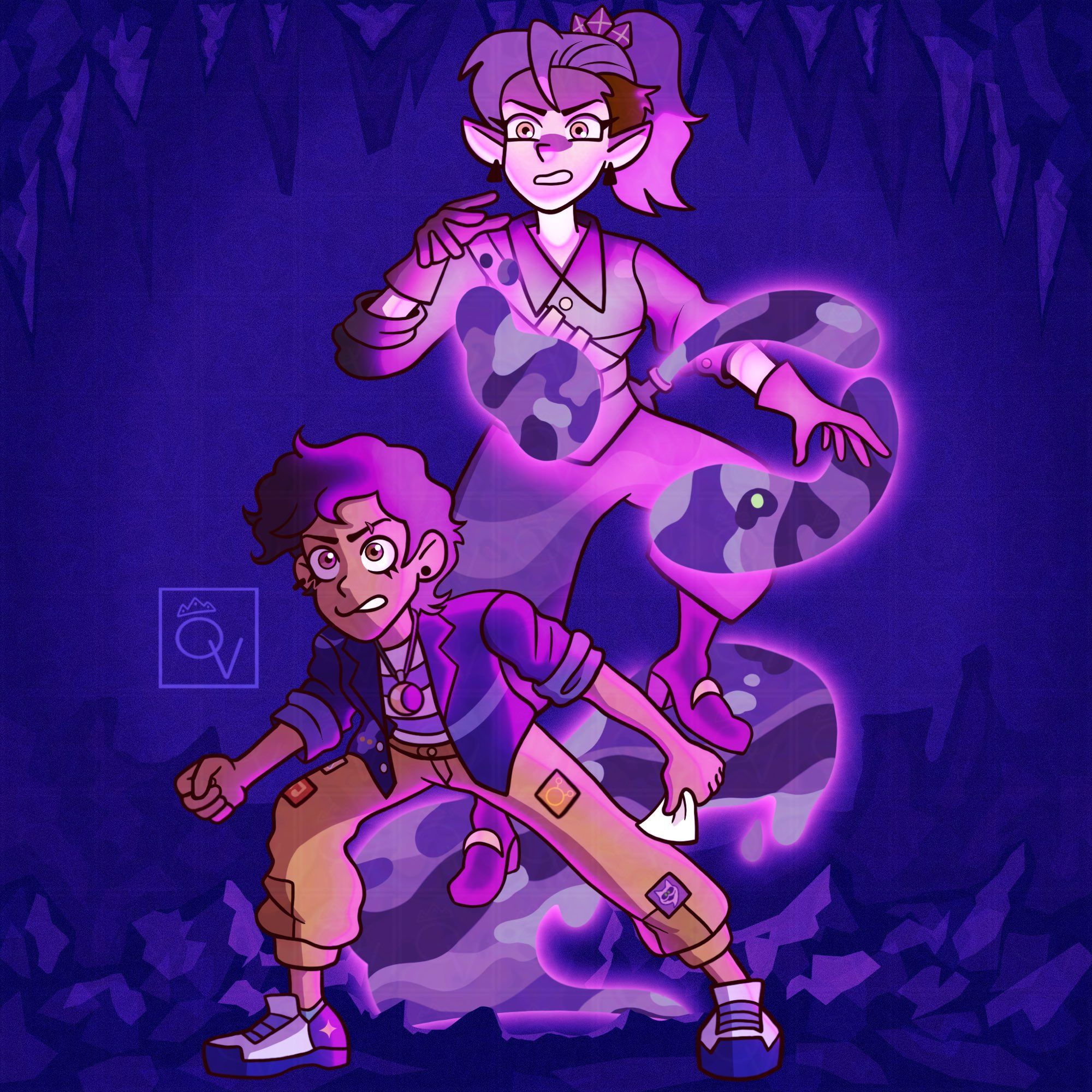 A digital drawing of Luz and Amity from The Owl House in their time-skip adult designs. Luz is hunched down in a wide stance with a paper in her hand ready to use a glyph, meanwhile Amity is behind her using her abomination magic causing their surroundings inside of a cave to be illuminated by its purple glow. They’re both battle ready with intense focused faces looking at something off screen.