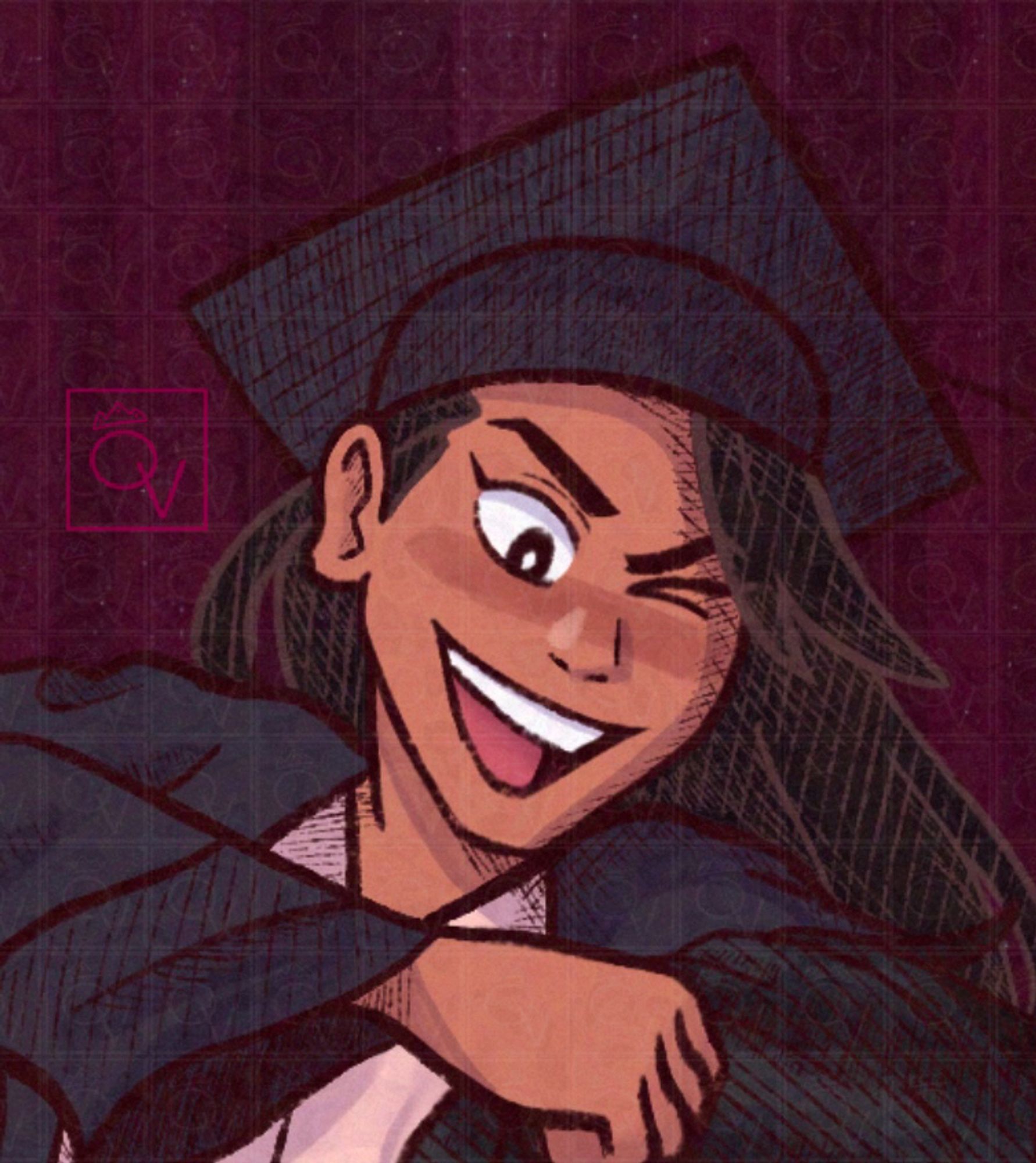 Digital drawing of Akarsha from Butterfly Soup smiling wide, looking down and one eye squinting. She’s wearing a graduation cap and gown for one of the day 1 prompts of PPKM Week 2024.