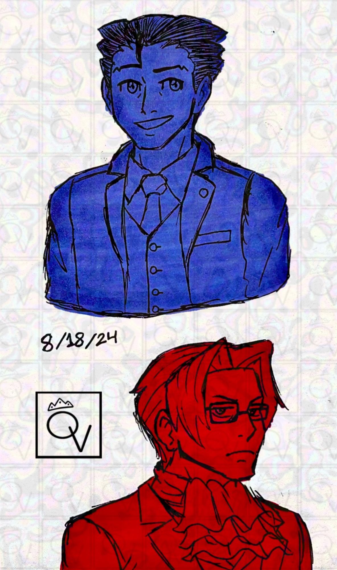 Traditionally colored bust drawings of Phoenix Wright and Miles Edgeworth from Ace Attorney. Phoenix is colored in blue and Miles is colored in red.