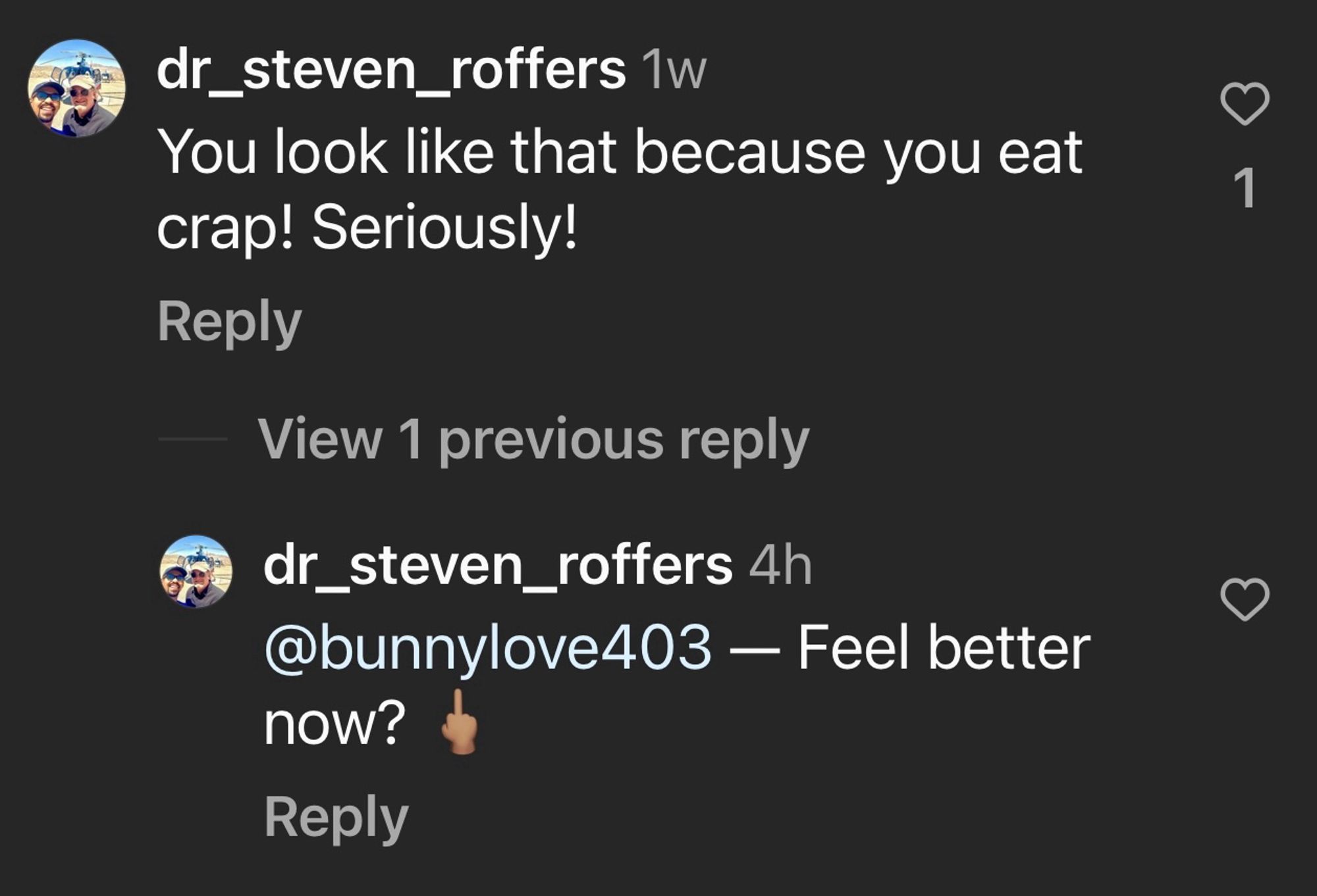 Dr. Steven Roffers mocking a transgender woman of size. Then after I kindly asked him to stop bullying her and explaining to him that fatness can be caused by different reasons other than over consumption of calories and told him to be compassionate and that I am fat and suffering an incurable disease, this Doctor responds with the words: “Feel better now?” In which he displays the middle finger emoji to me.