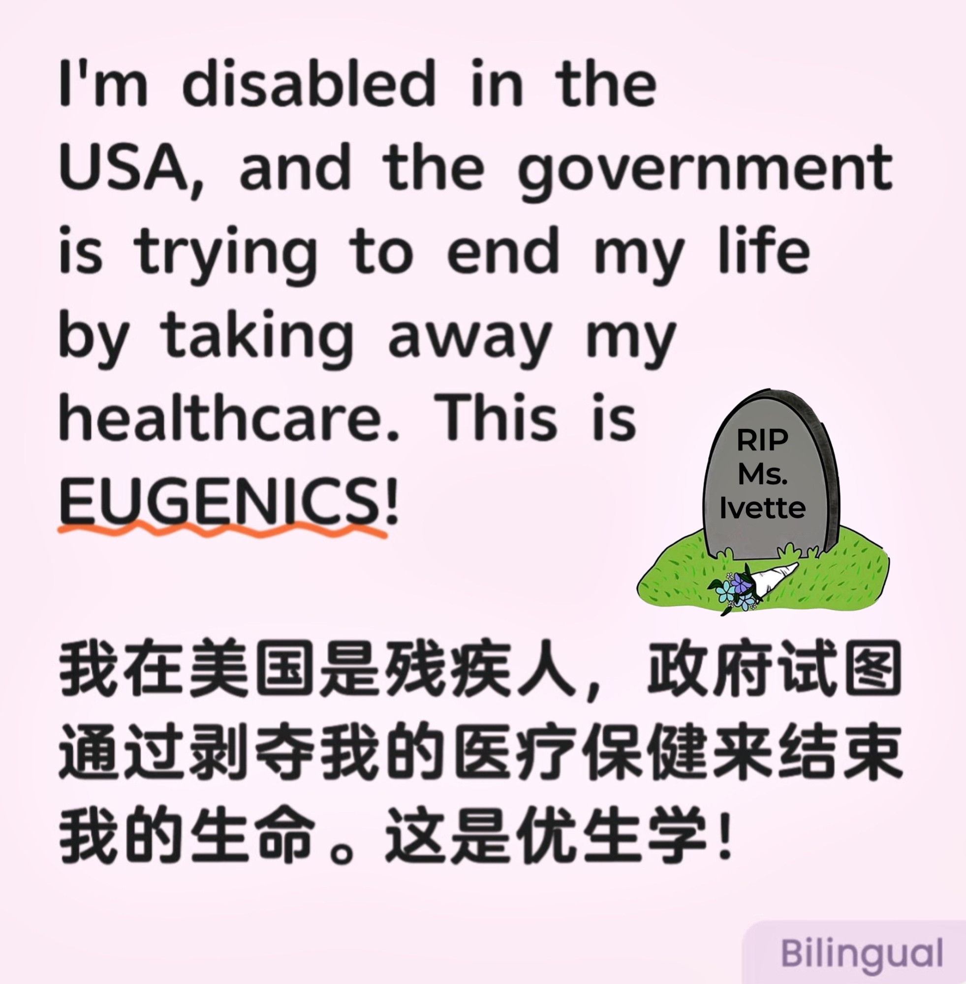 English: I'm disabled in the
USA, and the government is trying to end my life by taking away my healthcare. This is
EUGENICS!

Chinese: 我在美国是残疾人，政府试图通过剥夺我的医疗保健来结束我的生命。这是优生学