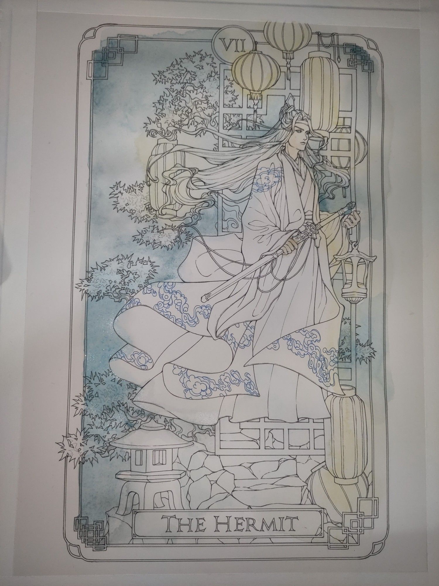 A pen and ink line drawing of Lan Wangji with lanterns and pine trees, with a light wash of indigo and yellow watercolor.