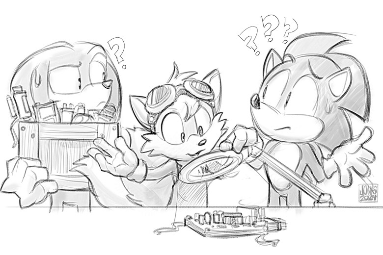 Tails working on circuitry while asking for a particular tool from the box. Neither Knuckles nor Sonic knows which one he's talking about.