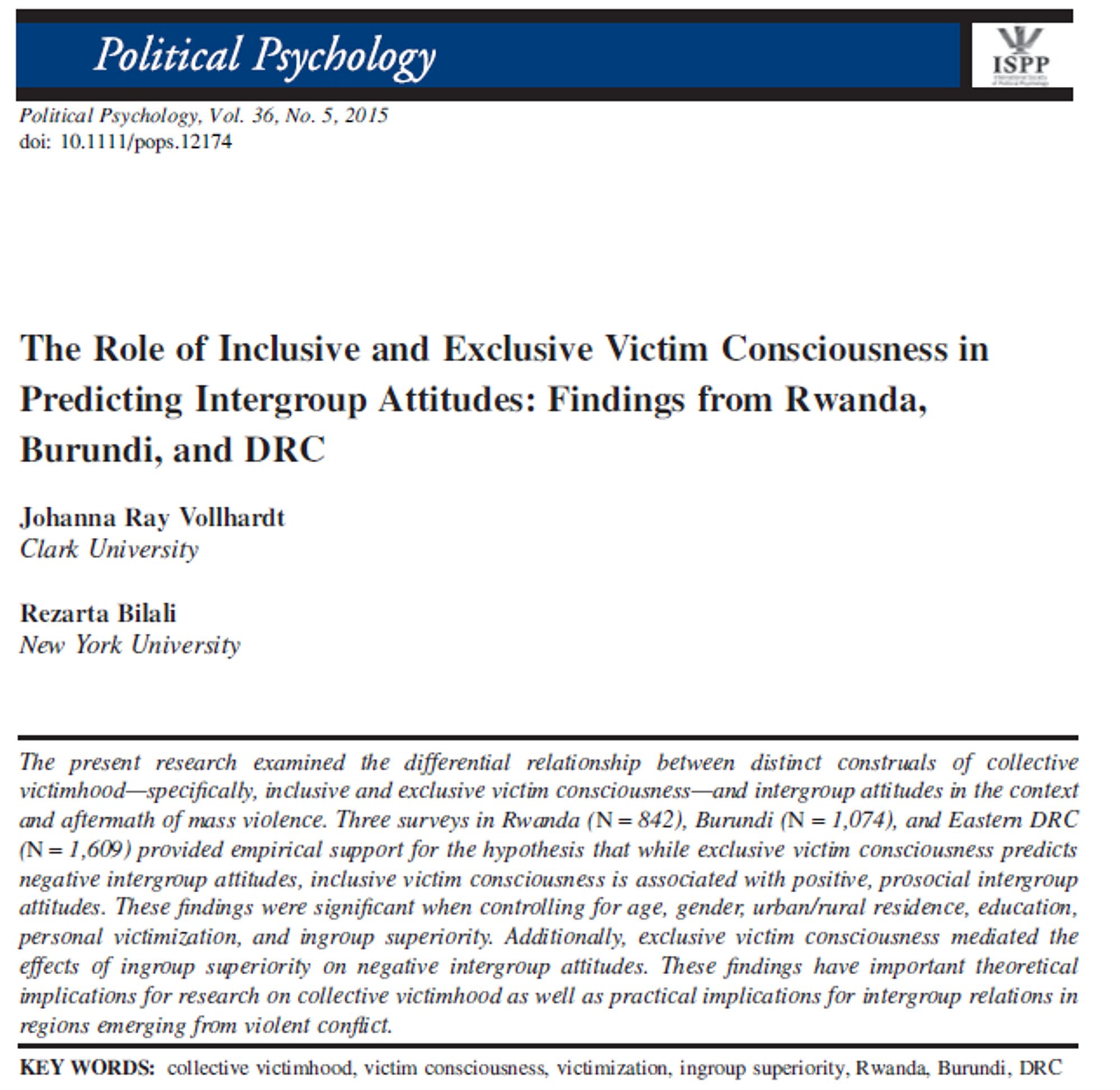 Paper by Vollhardt and Bilali on the effects of different forms of collective victimhood experiences, from Political Psychology in 2015