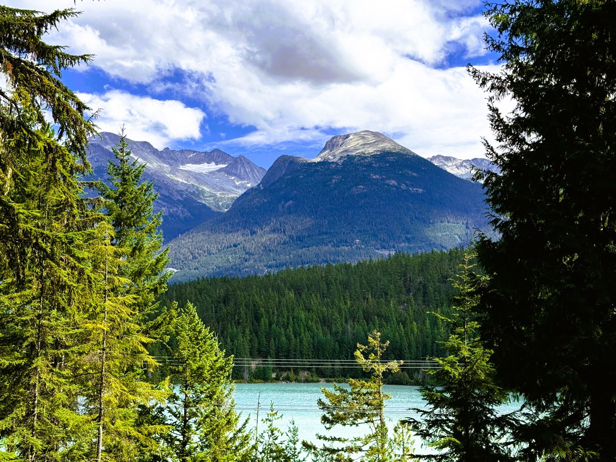 An idyllic scene of a blue and cloudy sky above a glacier, in turn over pine trees in turn over a green lake with fir trees in the foreground.