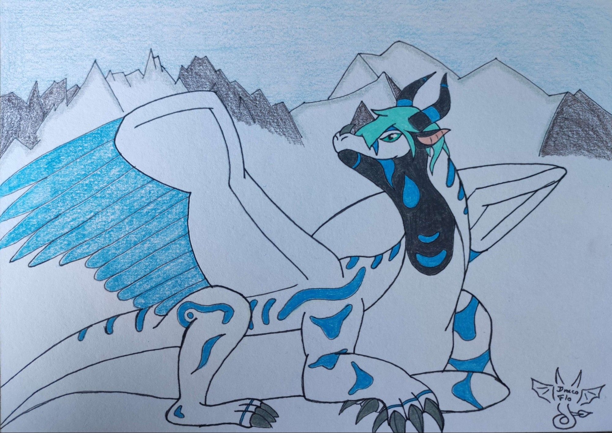 A white and blue dragon laying on his belly with mountains on the background