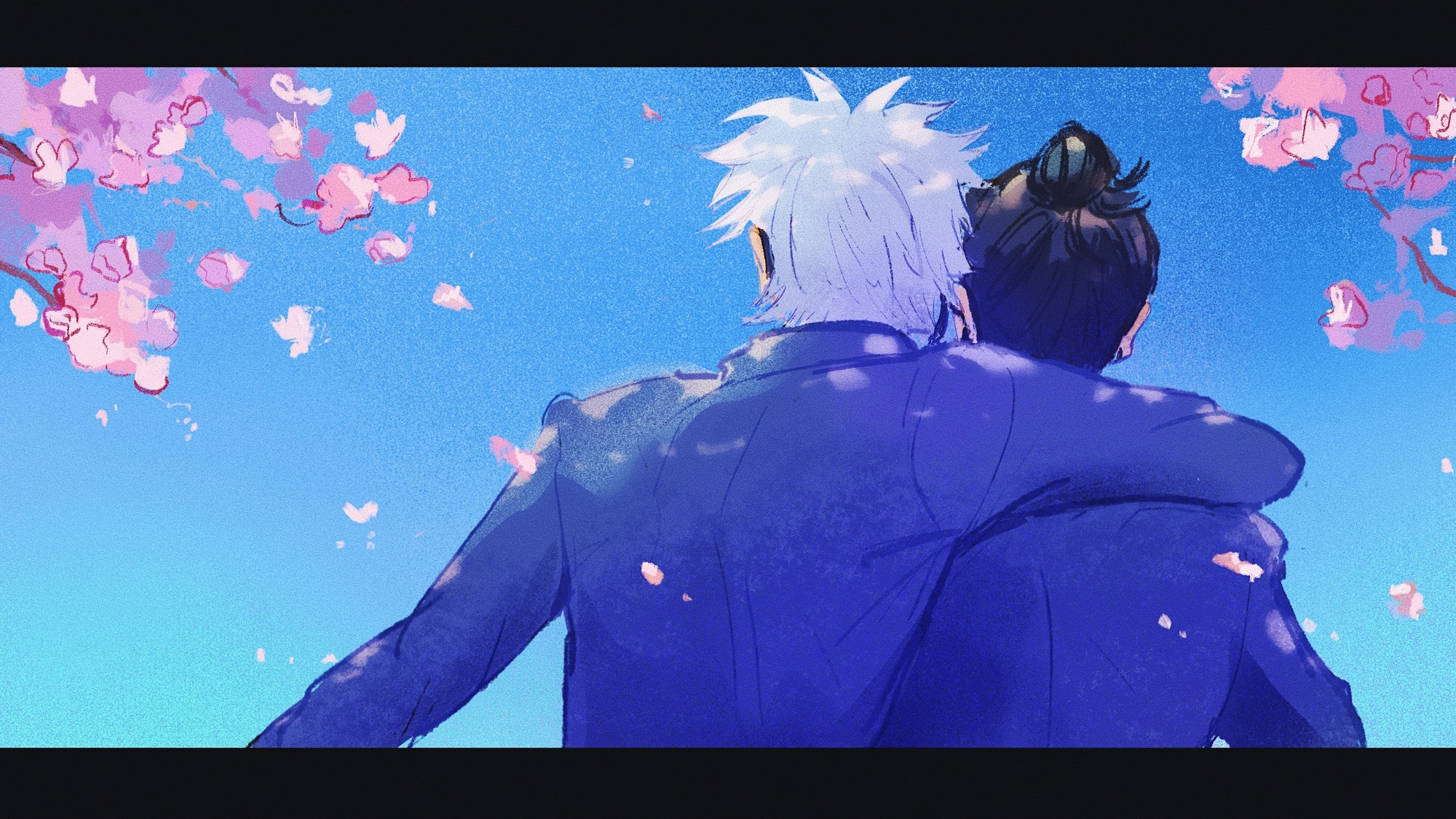 an artwork of the characters gojo and geto  from jujutsu kaisen anime, as highschoolers. their backs are to the viewer, and gojo has his arm around geto’s shoulders, leaning heavily against him. they are framed by cherry blossoms to signify this is the springtime of their youth.