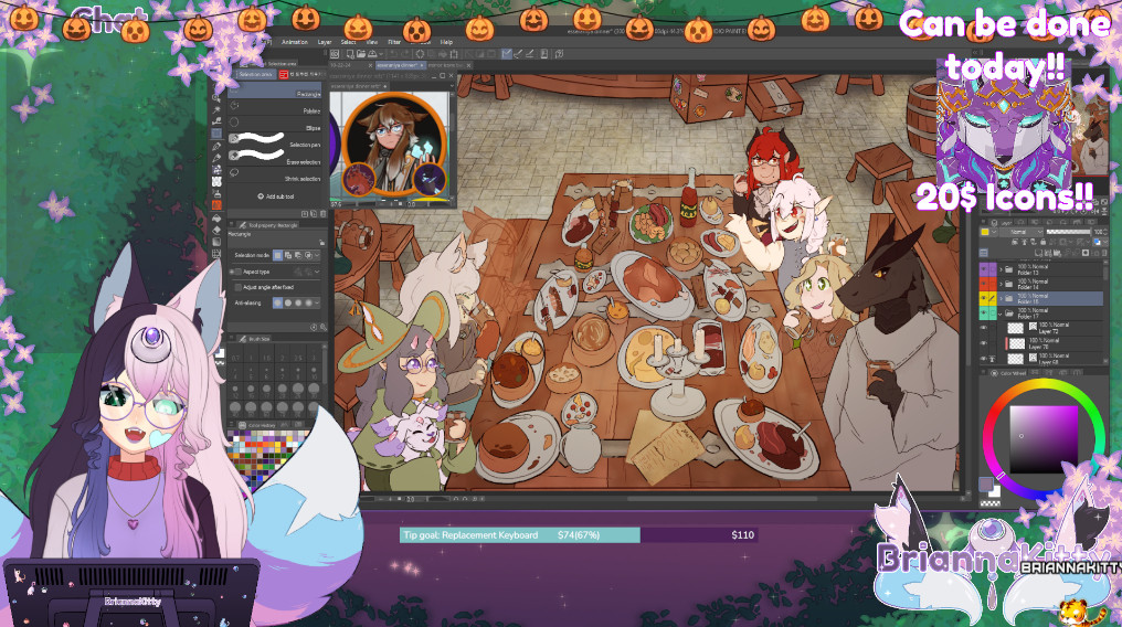 A catgirl excitedly showing off her streaming layout which contains a work-in-progress piece of art featuring fantasy characters having a victorious dinner.