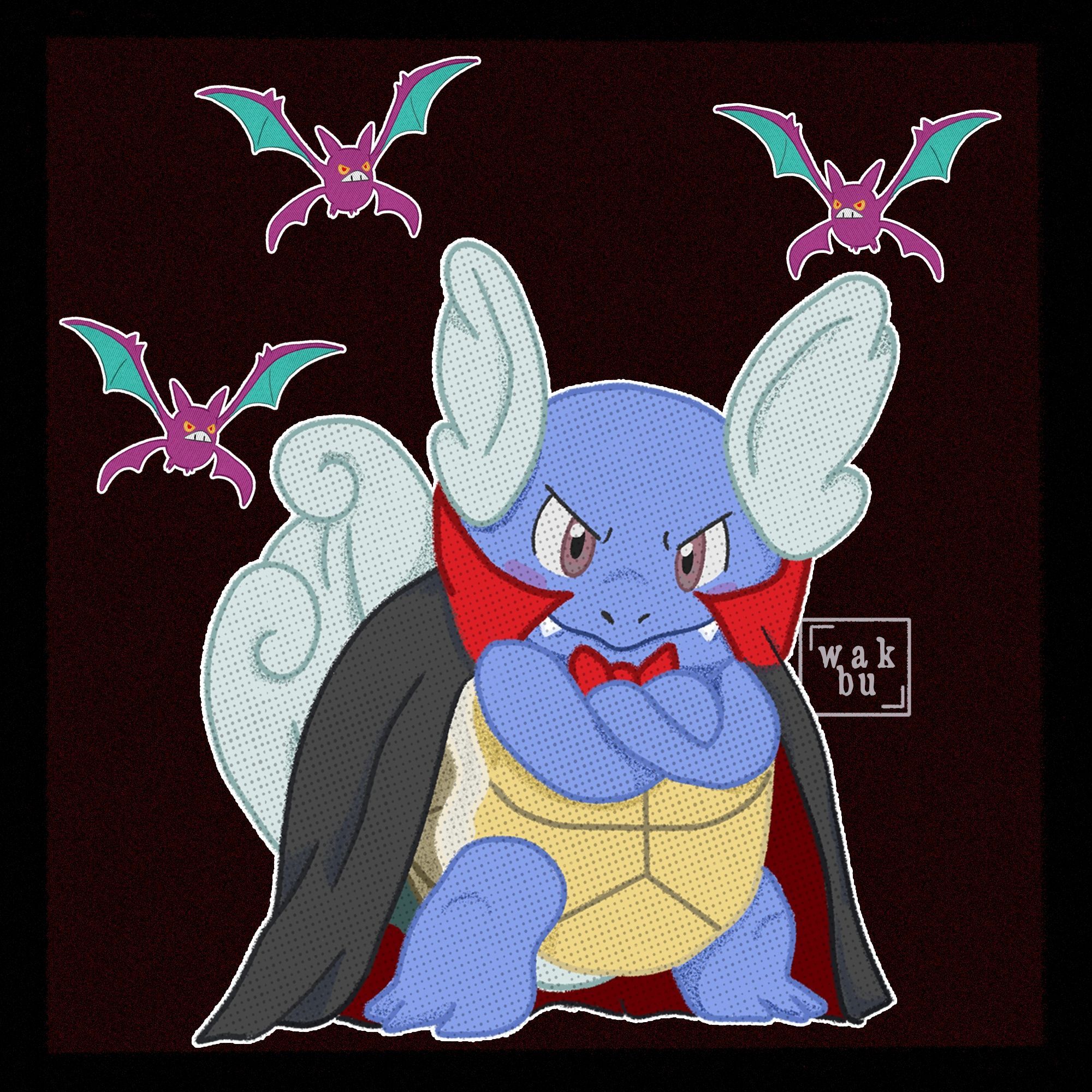 Image of Wartortle, a tortoise pokémon, with vampire costumes and 3 crobats, a bat pokémon, near it.