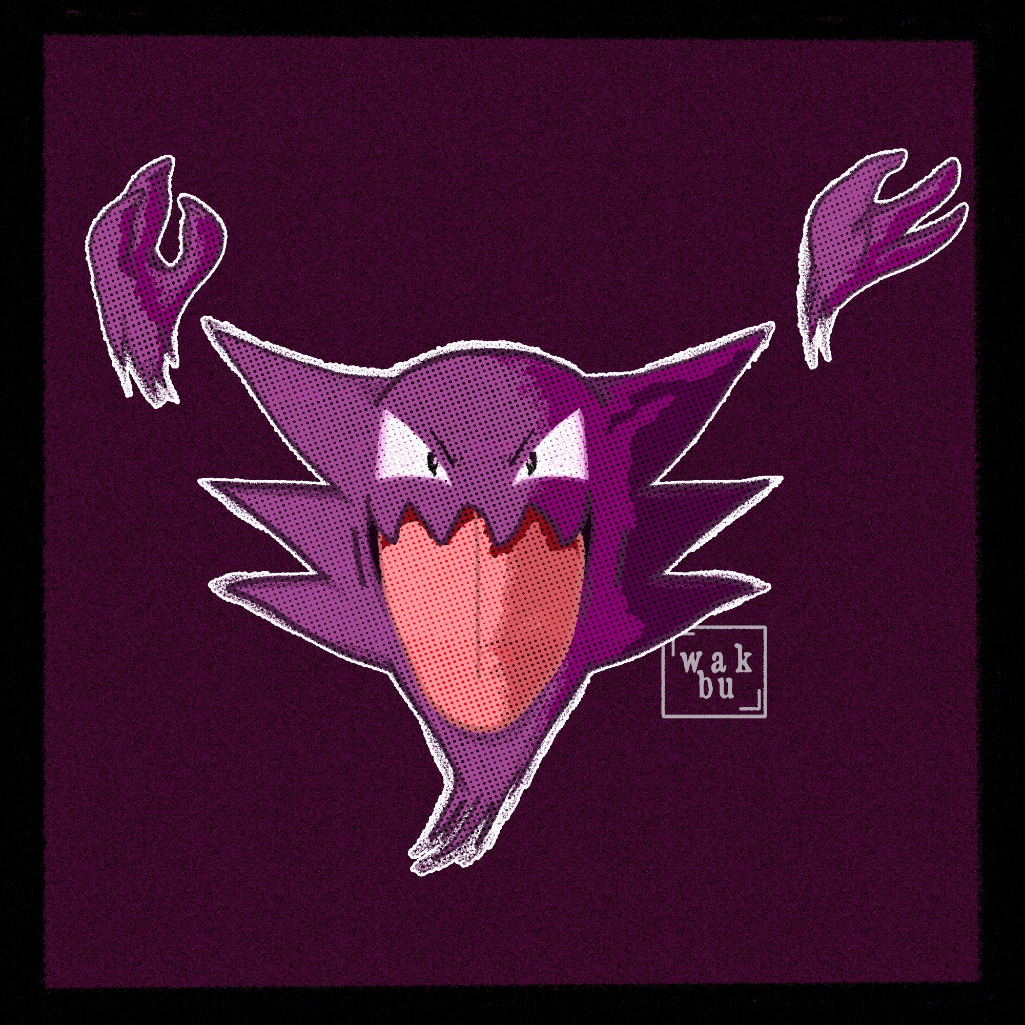 Image of haunter, a purple, with a big tongue and ears, flying hands, ghost Pokemon.