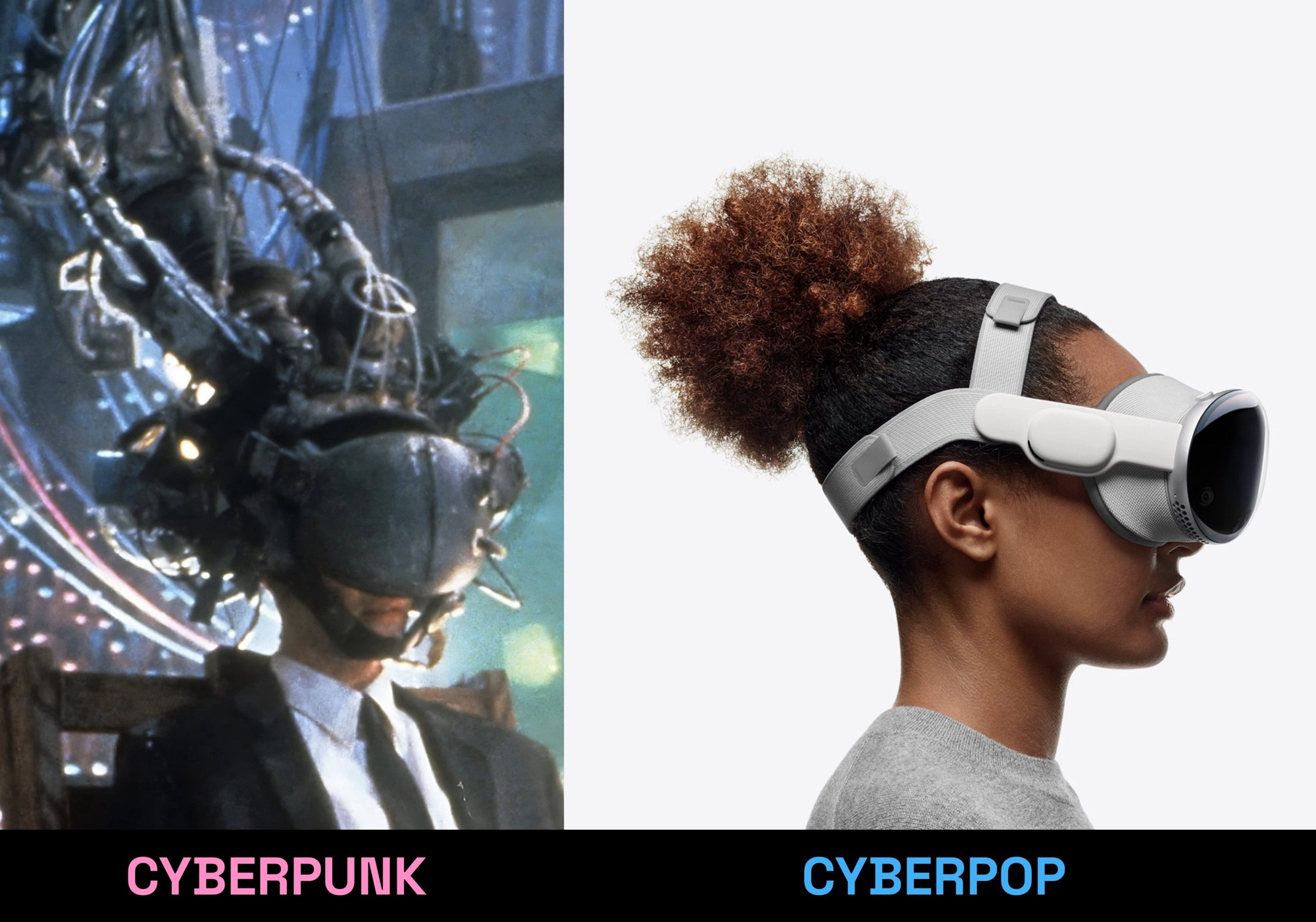 Collage of a frame from the Johnny Mnemonic movie with the caption "Cyberpunk" on the left and one of the marketing photos for the Vision Pro Dual Loop Band release with the caption "Cyberpop" on the right. Both characters are wearing VR goggles looking to the side, but the differences in the packaging (cables, softness) and the characters' attitudes demonstrate how Apple intends for this device to become a common "popular" object, thus "Cyberpop"