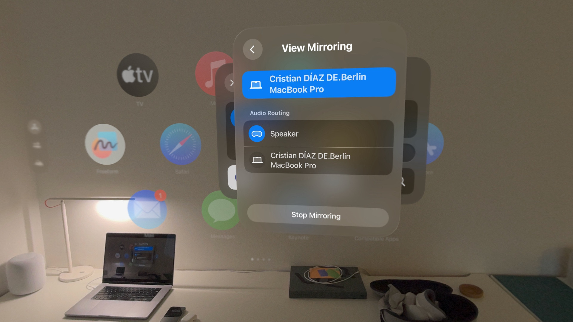 Screenshot of the control center within visionOS for the most recent beta release, showcasing the view mirroring and audio routing options