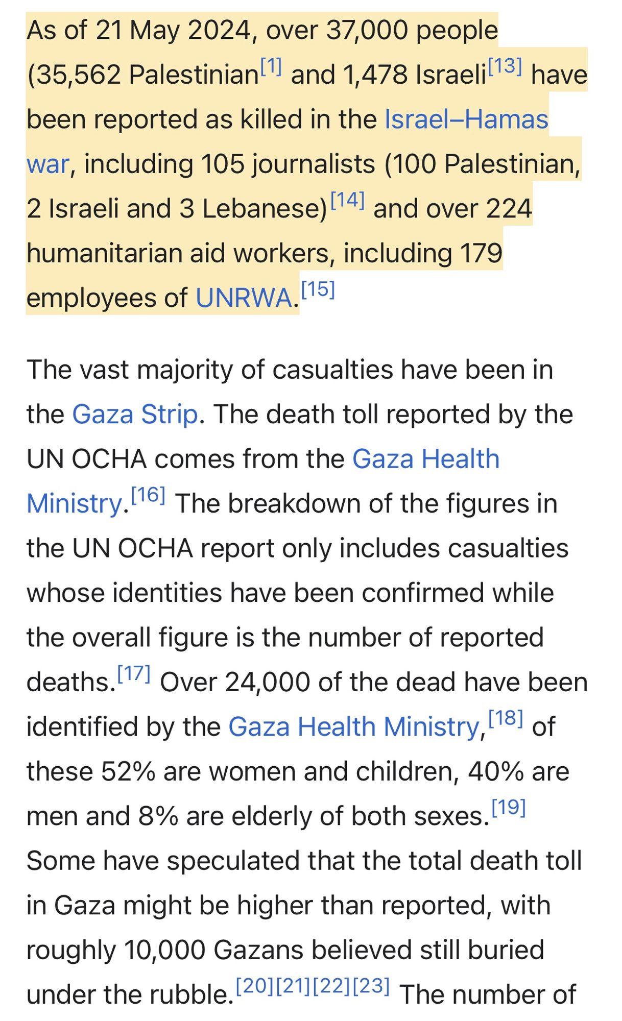 As of 21 May 2024, over 37,000 people (35,562 Palestinian(" and 1,478 Israelil13) have been reported as killed in the Israel-Hamas war, including 105 journalists (100 Palestinian,
2 Israeli and 3 Lebanese) 14] and over 224 humanitarian aid workers, including 179 employees of UNRWA.(15]
The vast majority of casualties have been in the Gaza Strip. The death toll reported by the UN OCHA comes from the Gaza Health Ministry. 161 The breakdown of the figures in the UN OCHA report only includes casualties whose identities have been confirmed while the overall figure is the number of reported deaths.' Over 24,000 of the dead have been identified by the Gaza Health Ministry, 1181 of these 52% are women and children, 40% are men and 8% are elderly of both sexes. 191
Some have speculated that the total death toll in Gaza might be higher than reported, with roughly 10,000 Gazans believed still buried under the rubble.