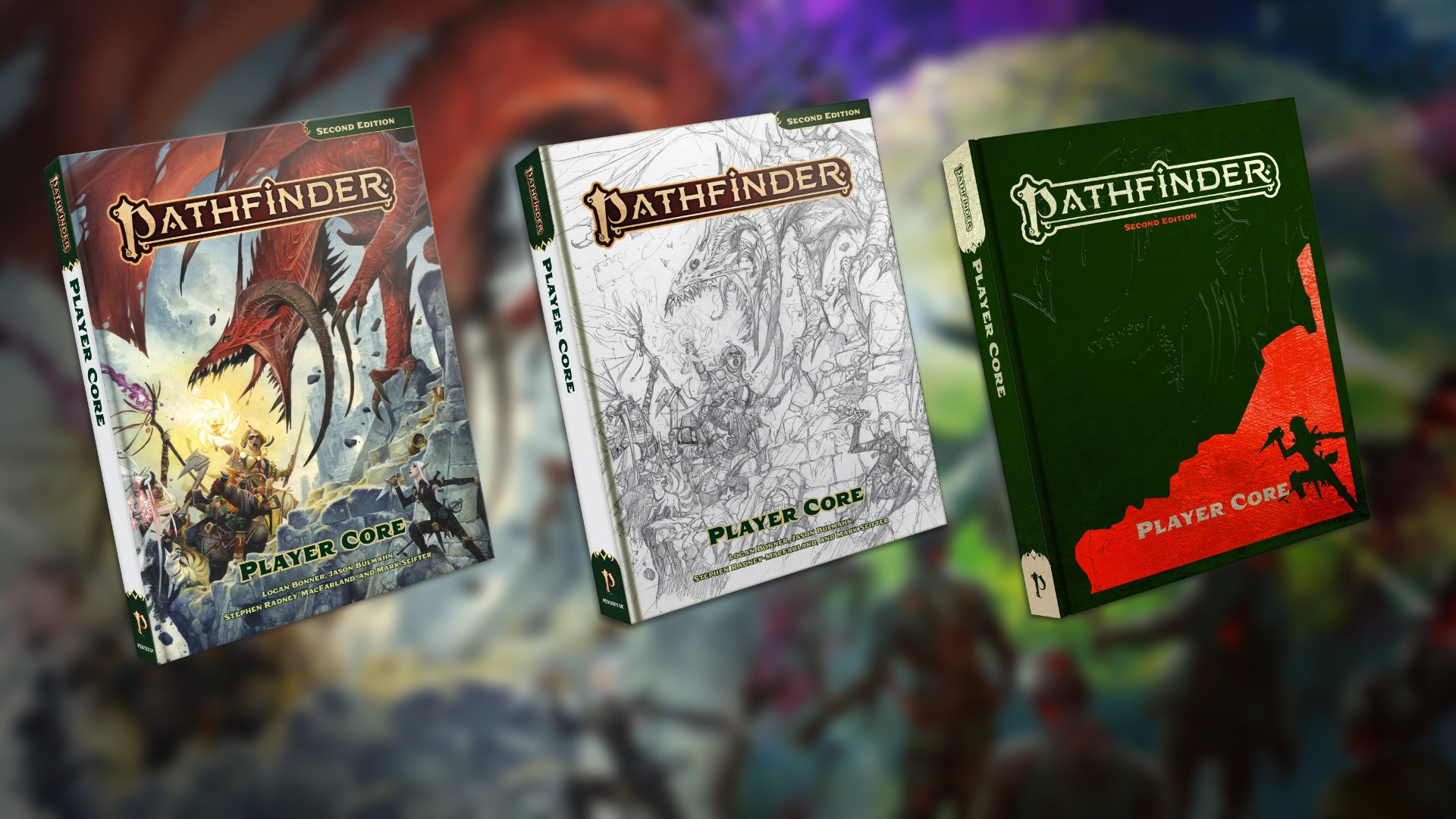 All of the covers for Pathfinder Player Core, in order from left to right: Standard, Sketch, Special Edition.