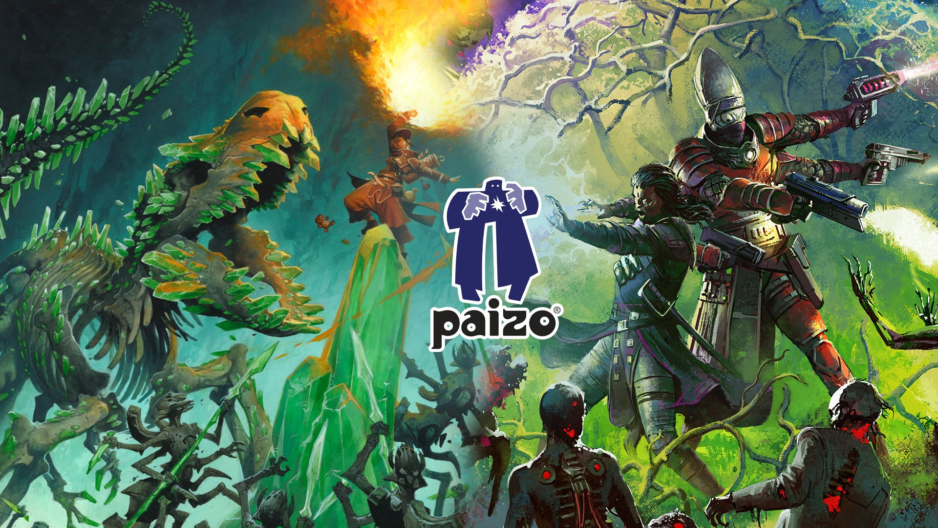 The covers of Rage of Elements and Starfinder Enhanced, blended with the Paizo Logo overlaid between them.