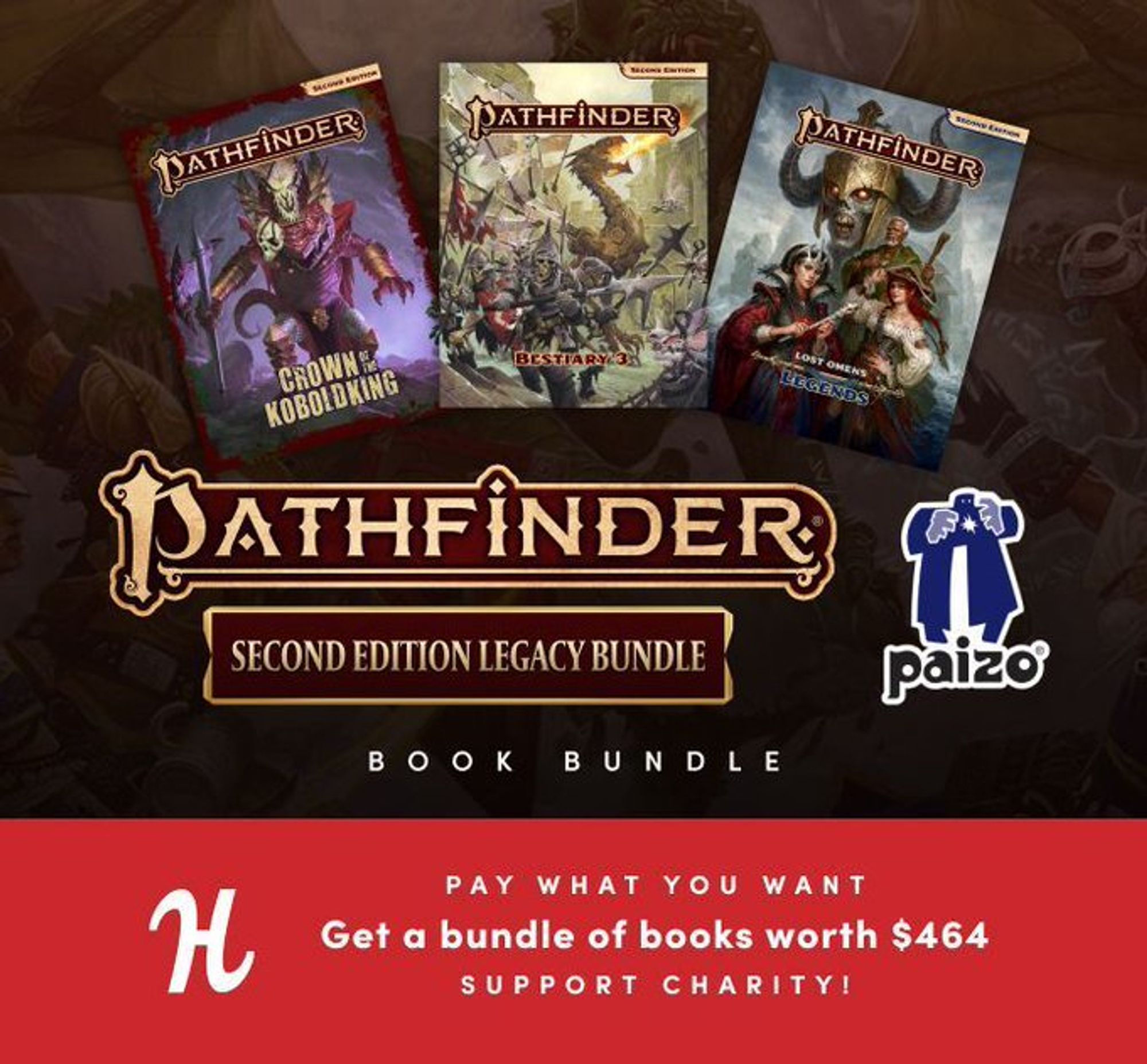 The promo image for the Pathfinder Second Edition Legacy humble bundle.