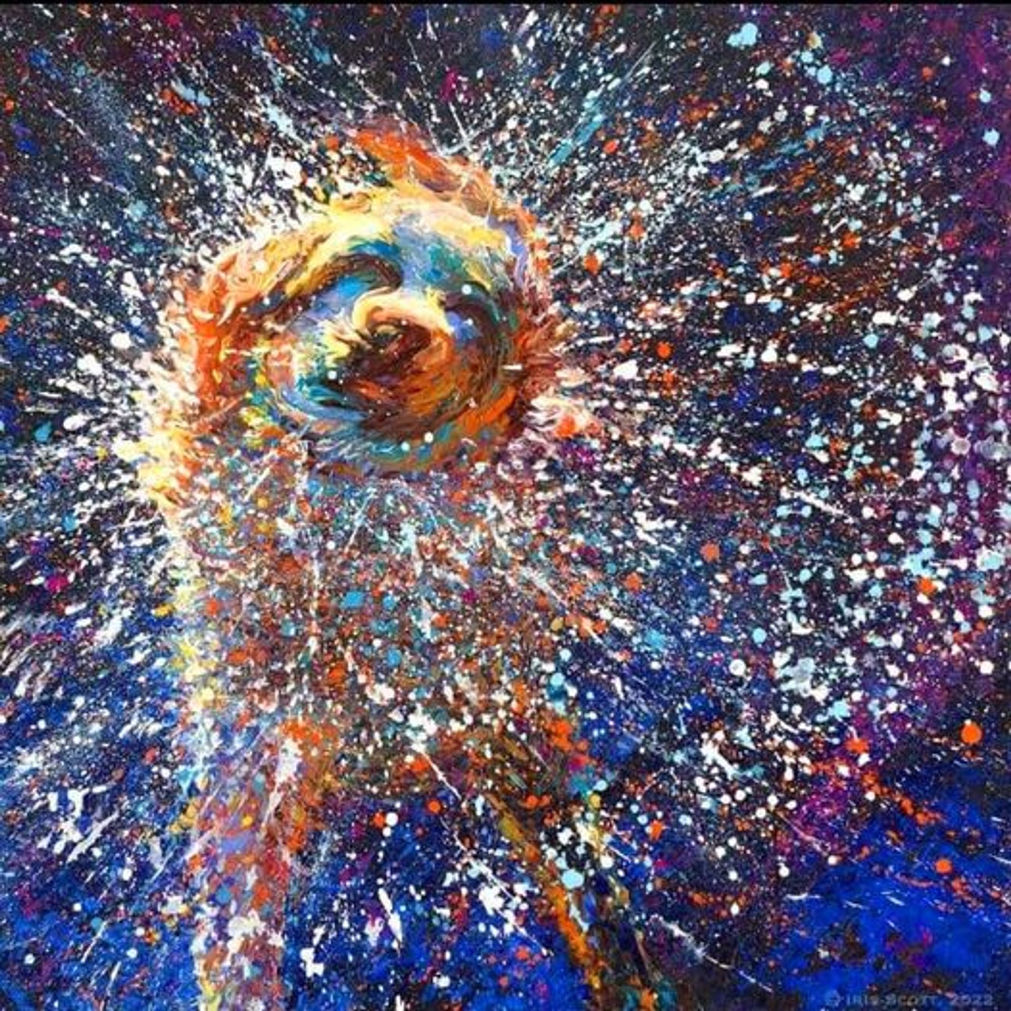 A highly colourful, dynamic painting of what looks to be a Golden Retriever caught in mid-shake, with rainbow colours scintillating in the water droplets.