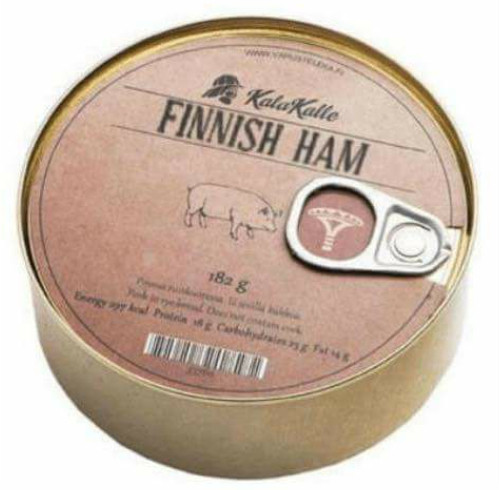 A circular gold coloured tin with a ring pull. It has a pink label featuring a drawing of a pig and the title 'Finnish Ham'