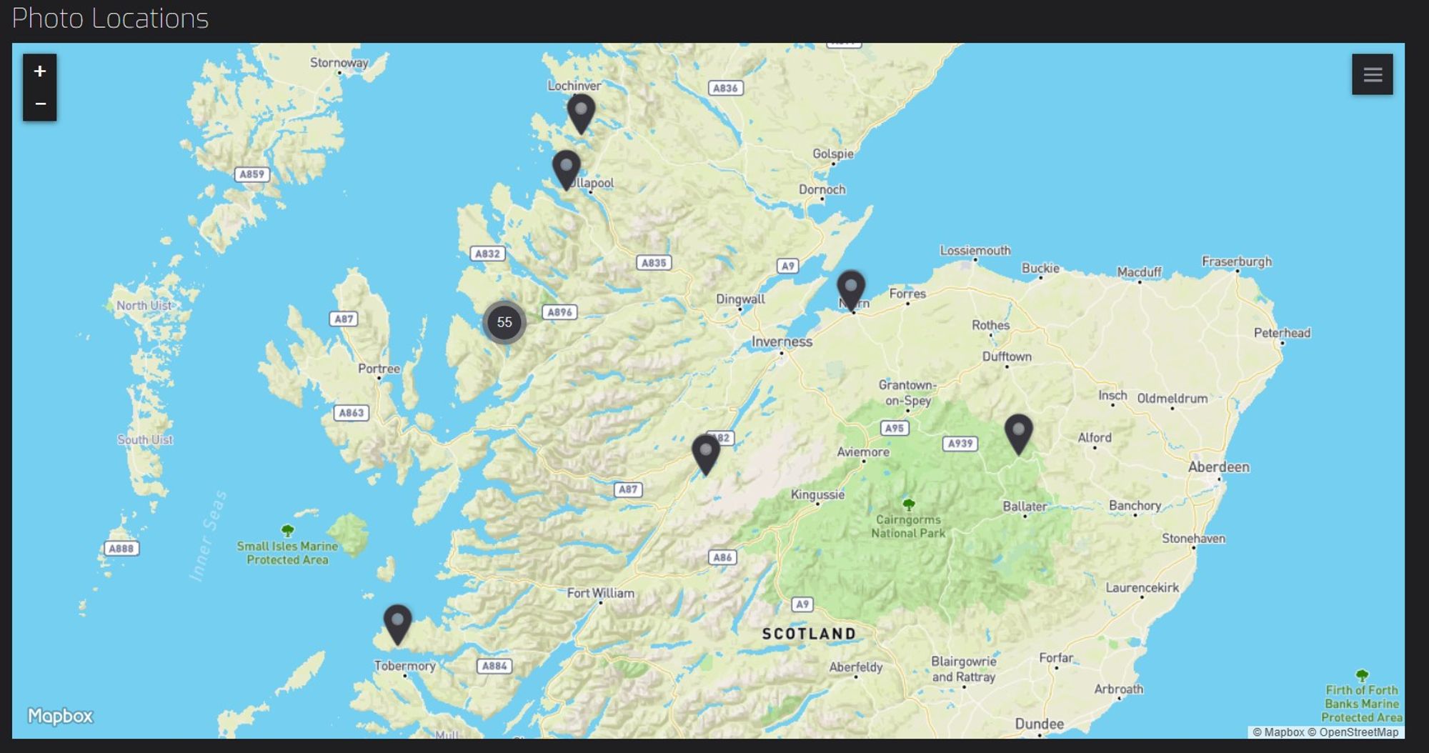 A screenshot of the photo location map for the Highlands and Islands web gallery on our website (www.henni.photo).