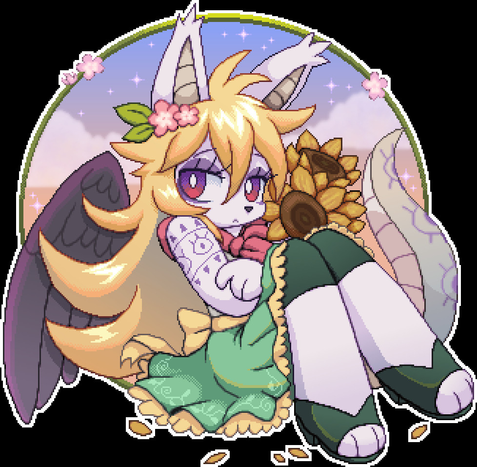 OP's original character Sam, a gender nonconforming lion angel, sat wearing a green dress with yellow trim and light green vine decals, red scarf, and dark green shorts and heels. He is cradling three sunflowers in his arms looking towards the viewer with a slightly morose expression. The image is pixel art.