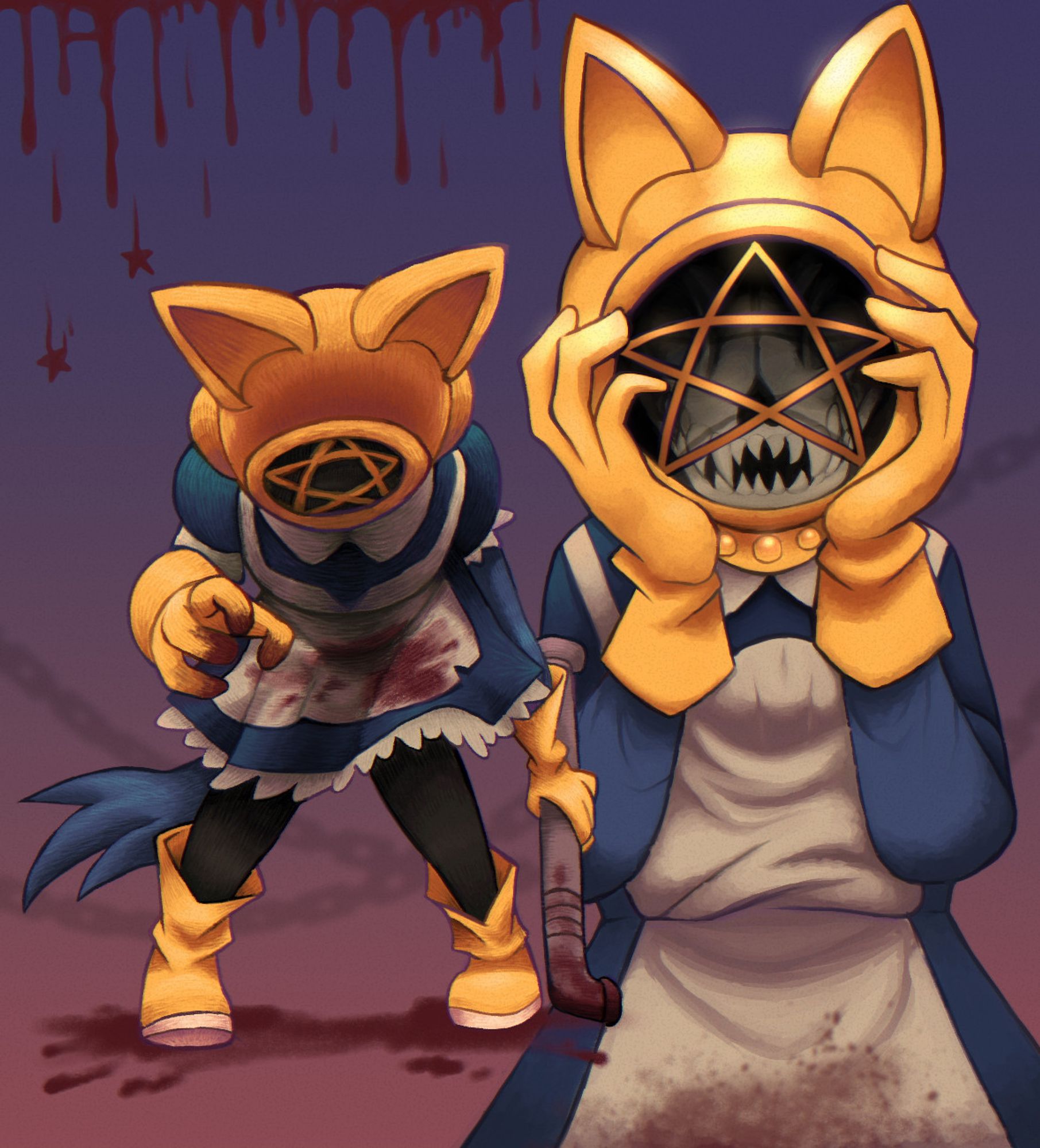 anthropomorphic character of undetermined species dressed as a maid wearing yellow washing up gloves, rain boots and stylized vintage diving helmet. A glimpse inside the helmet shows an animal skull in place of a face.