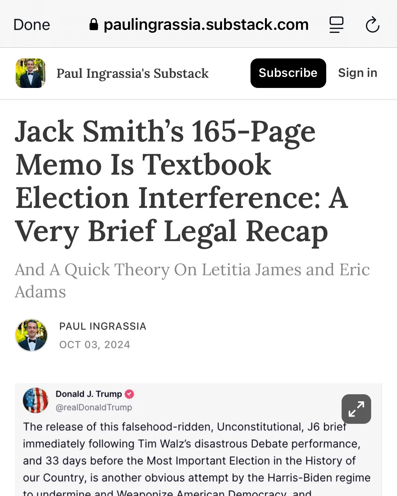 Jack Smith's 165-Page Memo Is Textbook
Election Interference: A Very Brief Legal Recap
And A Quick Theory On Letitia James and Eric
Adams
PAUL INGRASSIA
ост 03, 2024