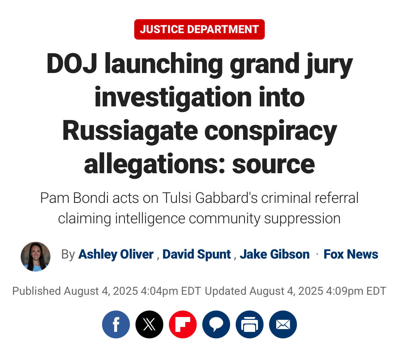 DOJ launching grand jury investigation into
Russiagate conspiracy allegations: source
Pam Bondi acts on Tulsi Gabbard's criminal referral claiming intelligence community suppression