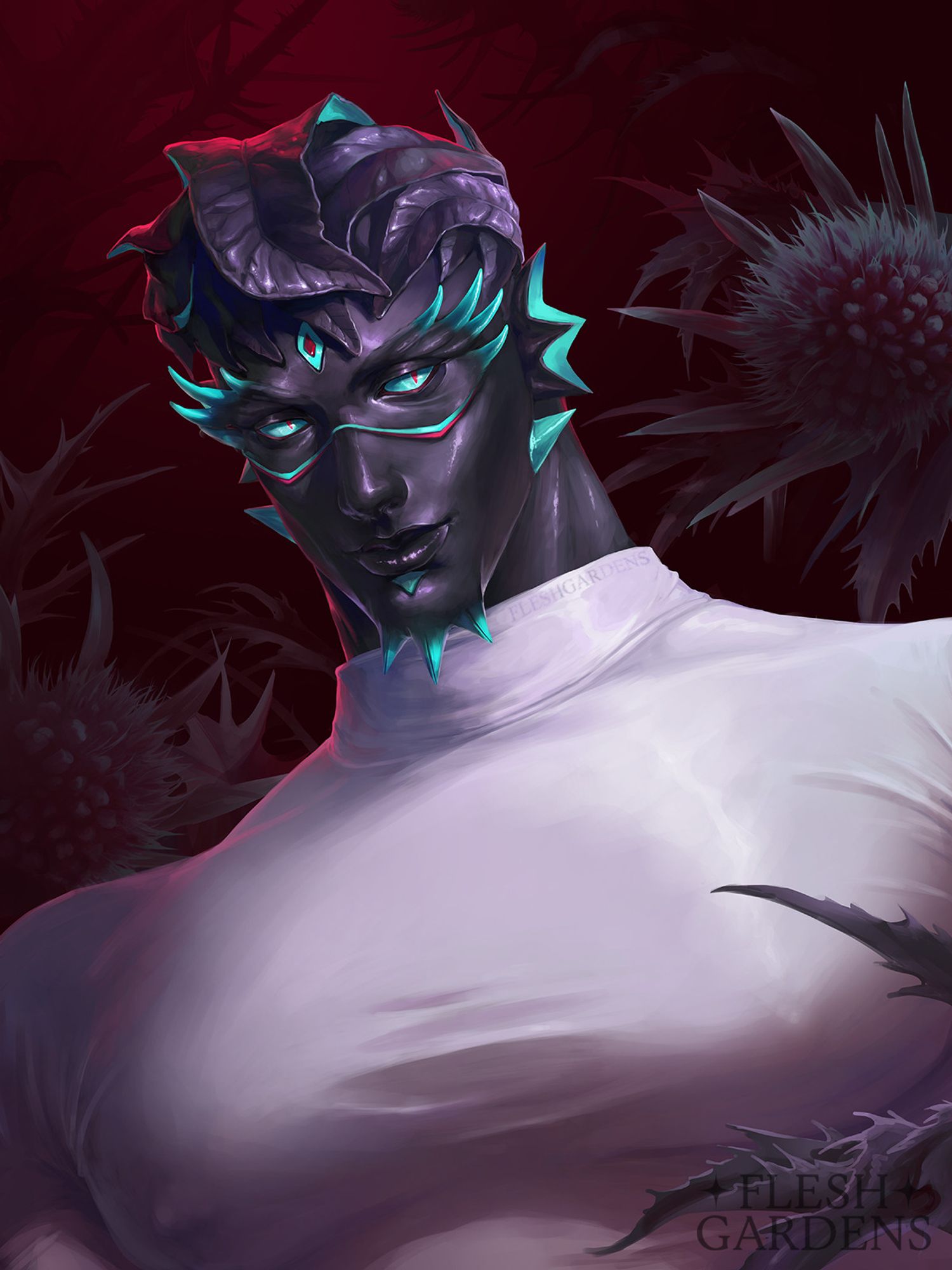 a digital bust painting of a muscular character wearing a tight white turtleneck; his skin is very dark gray and purple light is bouncing off of it, and some red rim light. His hair consists of leaves with teal undersides, he has teal thorns and marking on his face as well; the background is dark red with huge thistle plants surrounding the character.