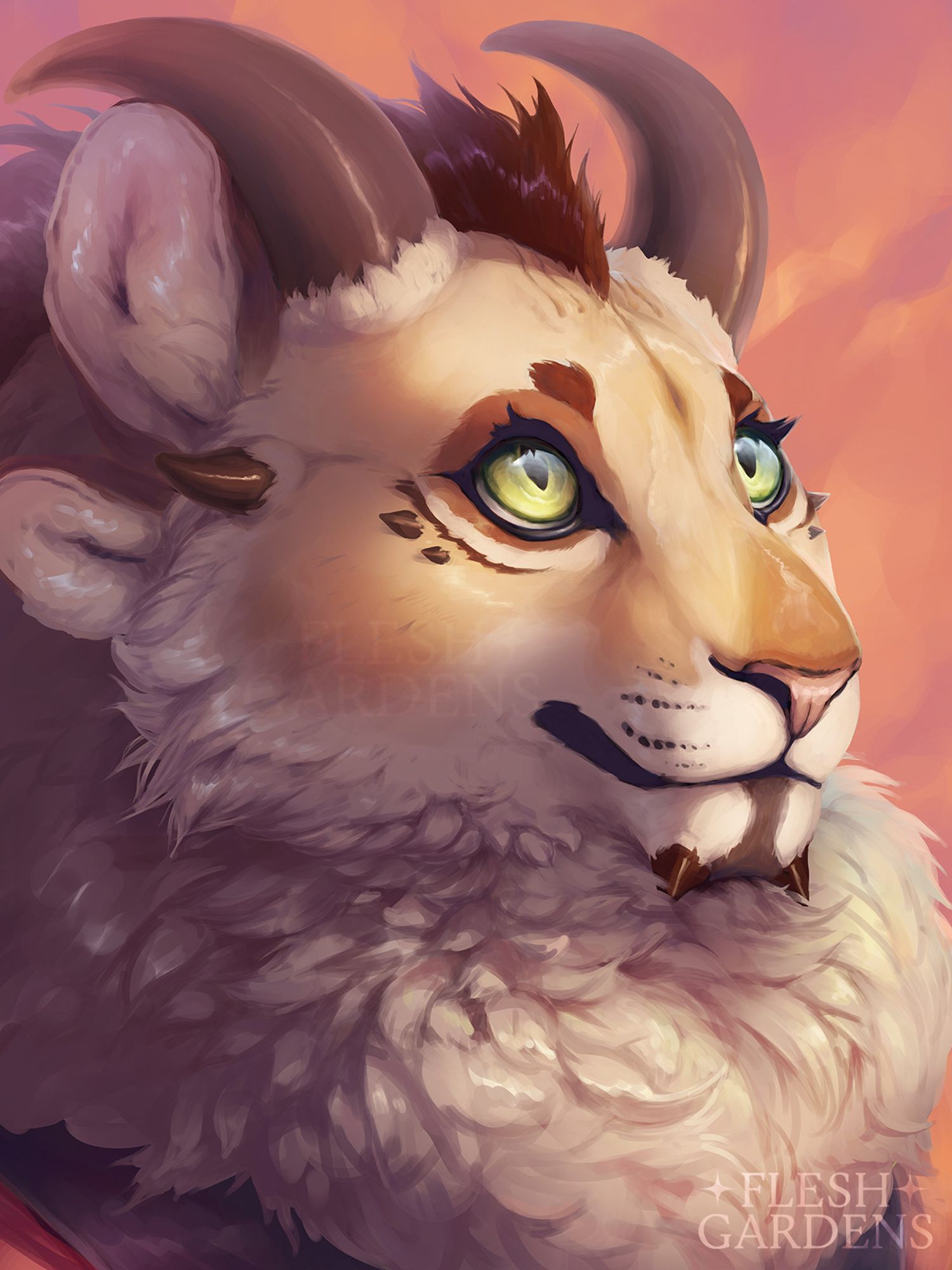 digital portrait of a very fluffy, young looking feline character with big green eyes; the image has warm orange and purple tones