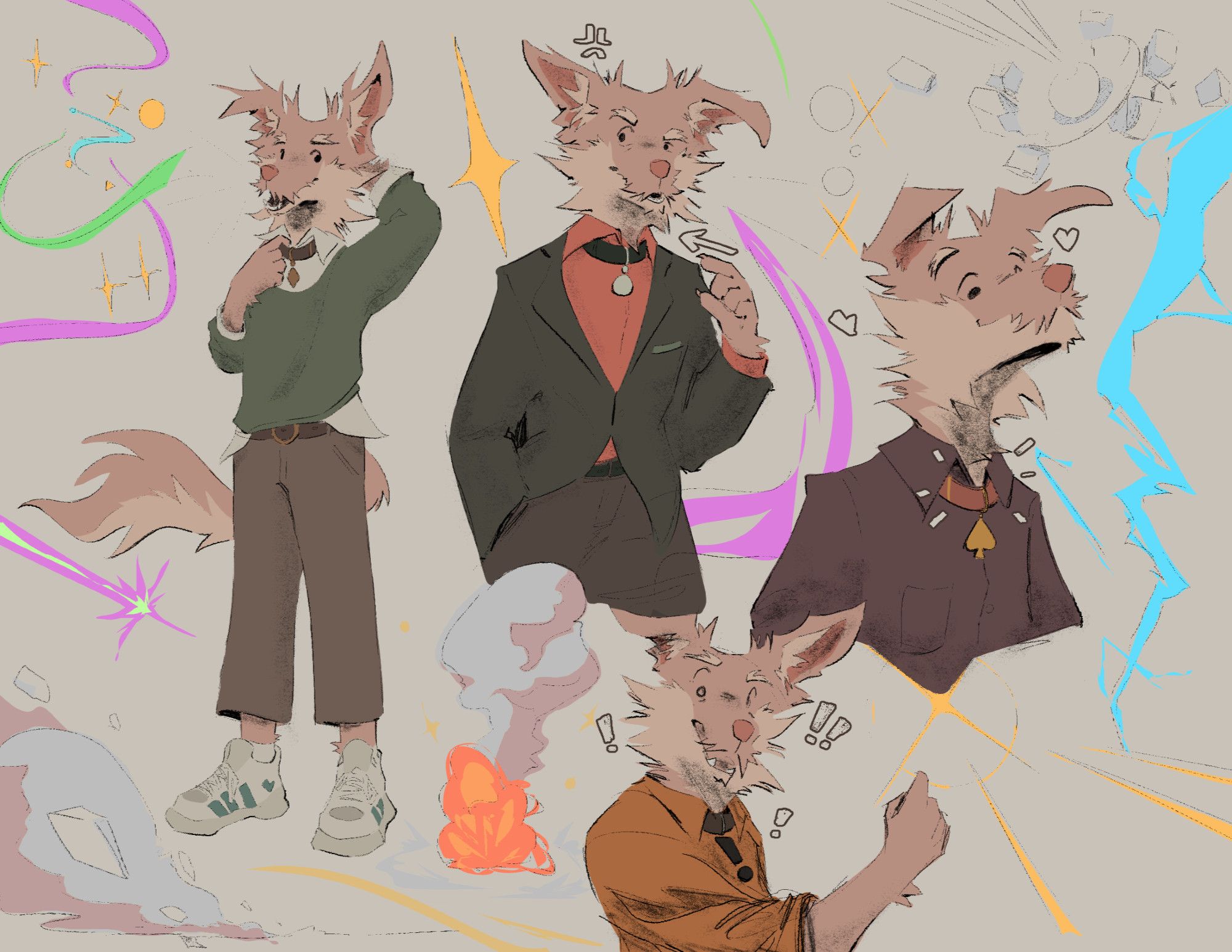 sketches of a dog fursona wearing a collar with a few outfits