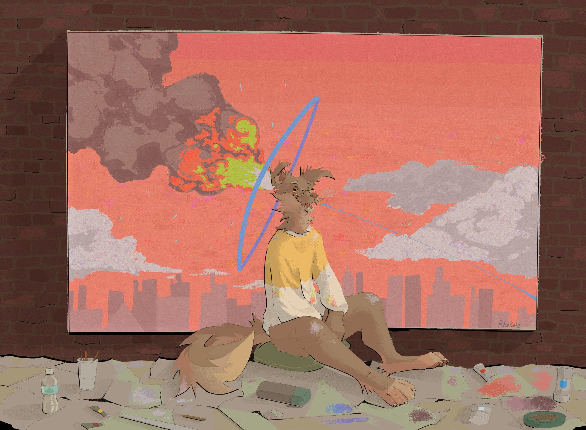 Dog fursona sitting in front of a painting with art supplies scattered on the floor. Painting depicts of a large cityscape with a explosion that lines up behind their head.