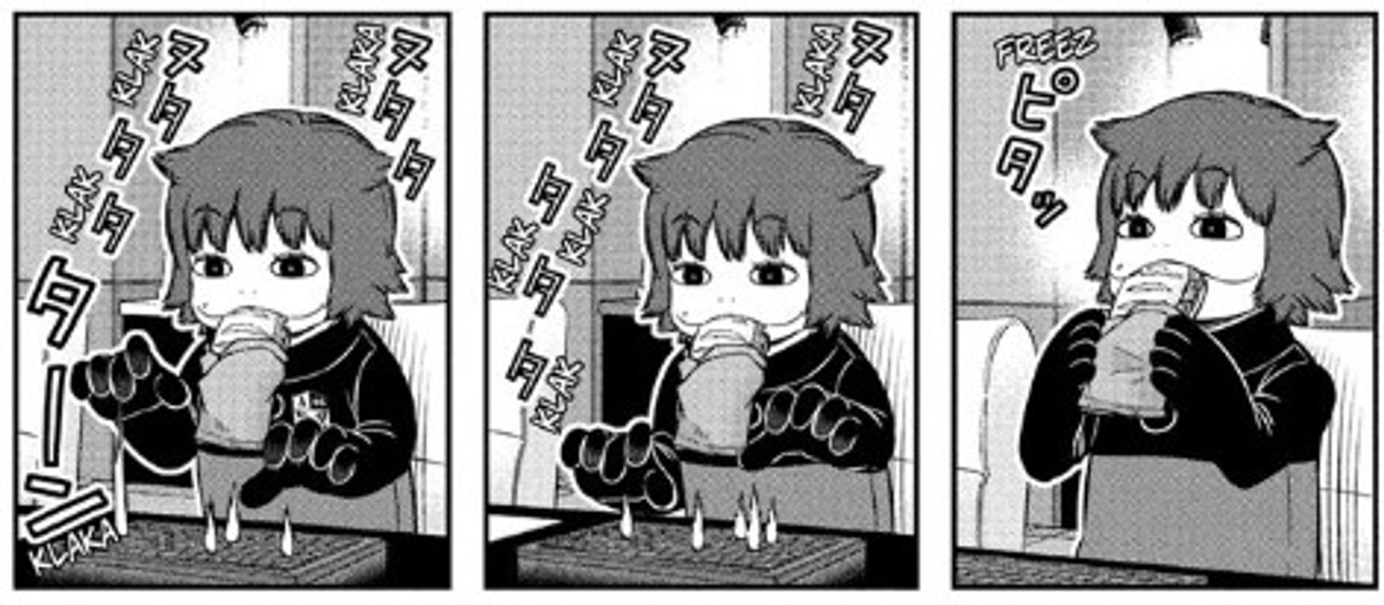 3 panels of Kitagawa from World Trigger eating a sandwich and typing on a keyboard. keyboard cat. banging out the tunes