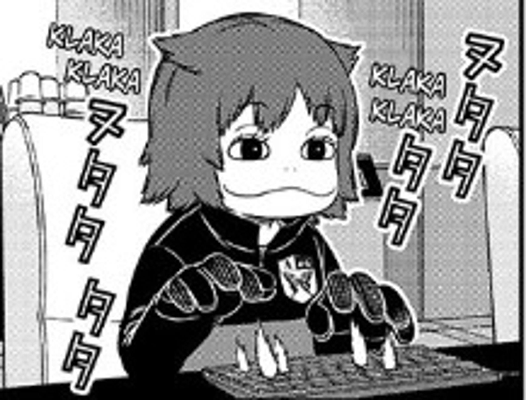 the fucking catgirl from World Trigger. I don’t know her name. She’s writing papers on the PC and it’s like *bleep bleep bleep bleep bleep*