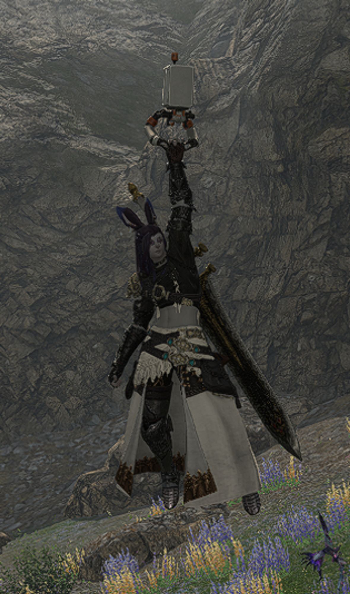 A FF14 screenshot of a male Veena Viera dangling from a Nier Pod mount. He looks very mildly upset about this.