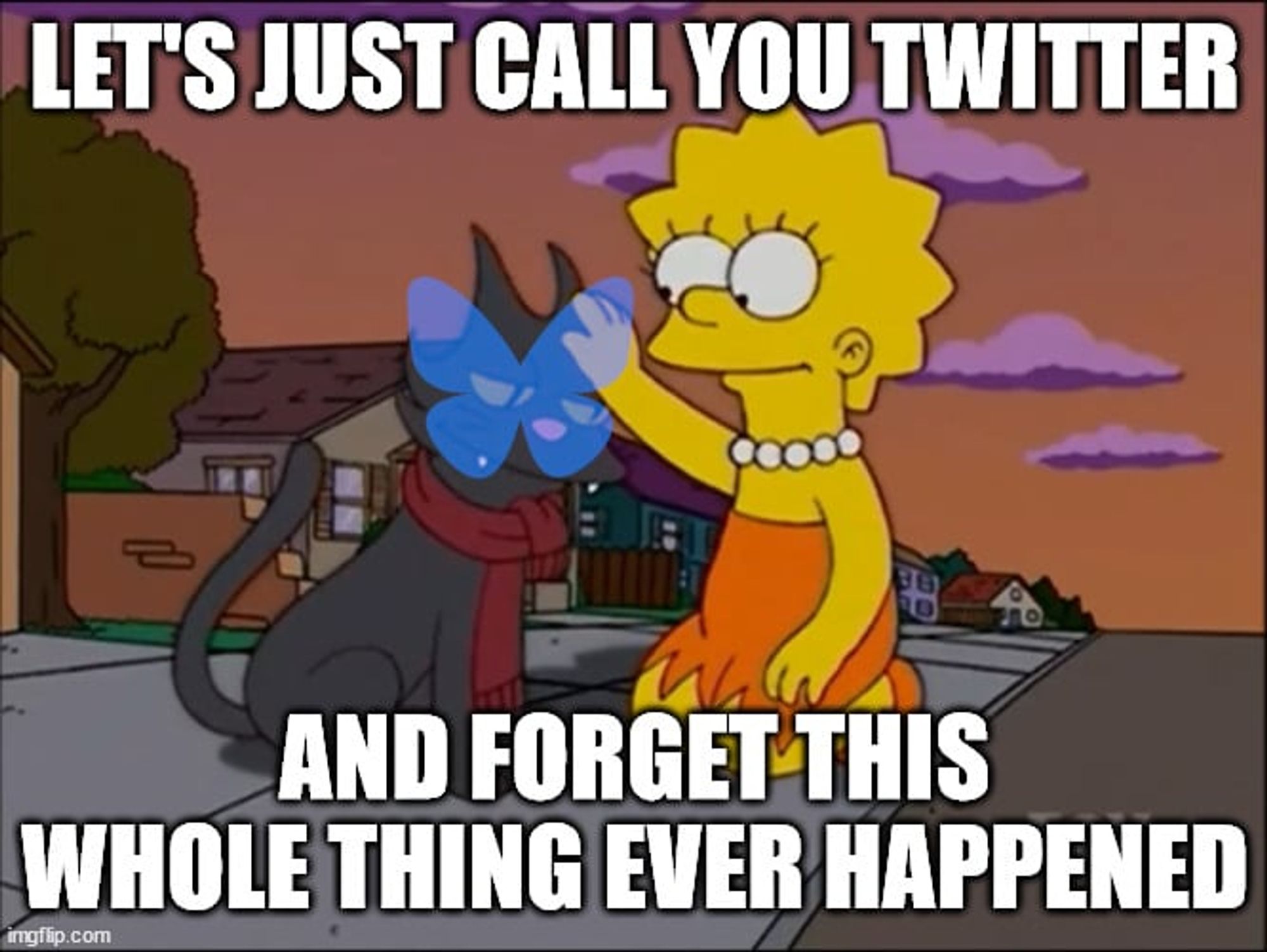 Screenshot of Lisa Simpson petting the Bluesky butterfly. Text says "Let's just call you Twitter and forget this whole thing even happened"