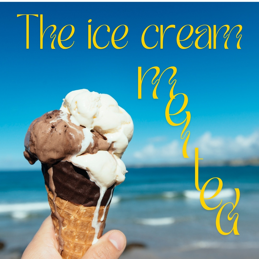 A picture of a hand holding large and drippy 3 scoop icecream in a chocolate dipped waffle cone, infront of an idyllic sea front scene with the script, "the ice cream is melting" in a yellow cursive font