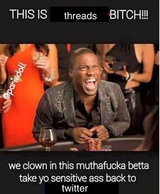 a photo of kevin hart laughing with the following text: 

this is threads bitch 

we clown in this muthafucka betta take yo sensitive ass back to twitter