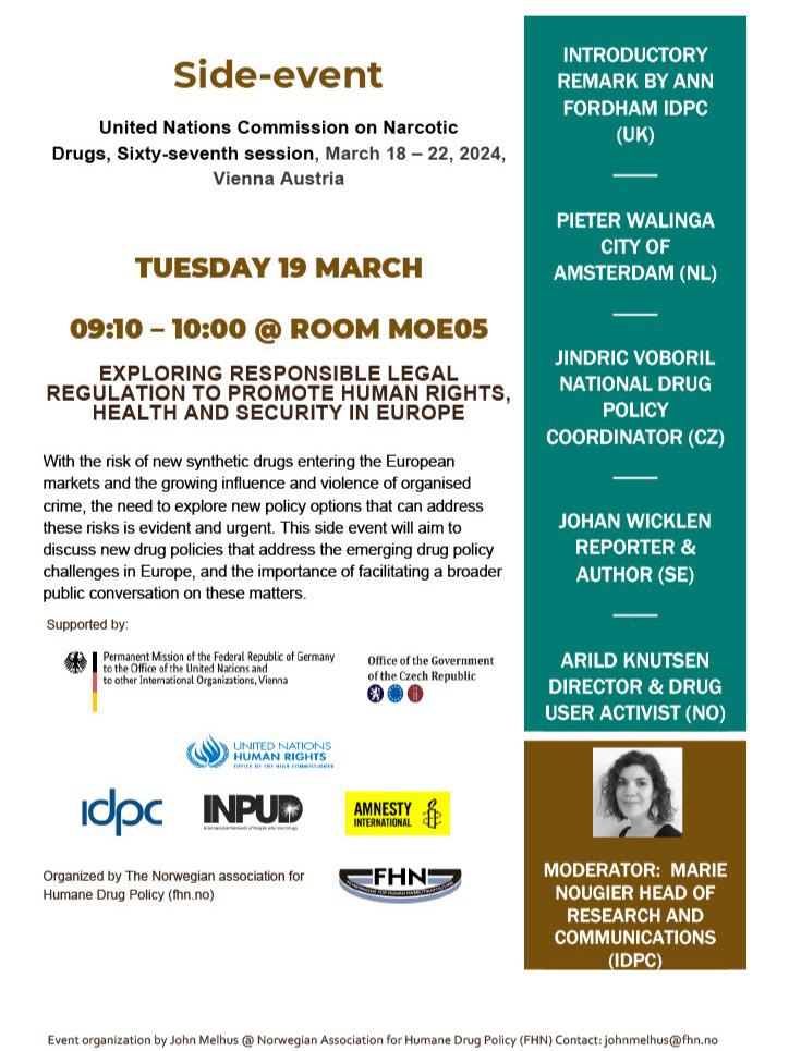 Picture of a flyer for a side event at UN CND in Vienna on 19 March 2024 with the title "Exploring responsible legal regulation to promote Human Rights, health and security in Europe"