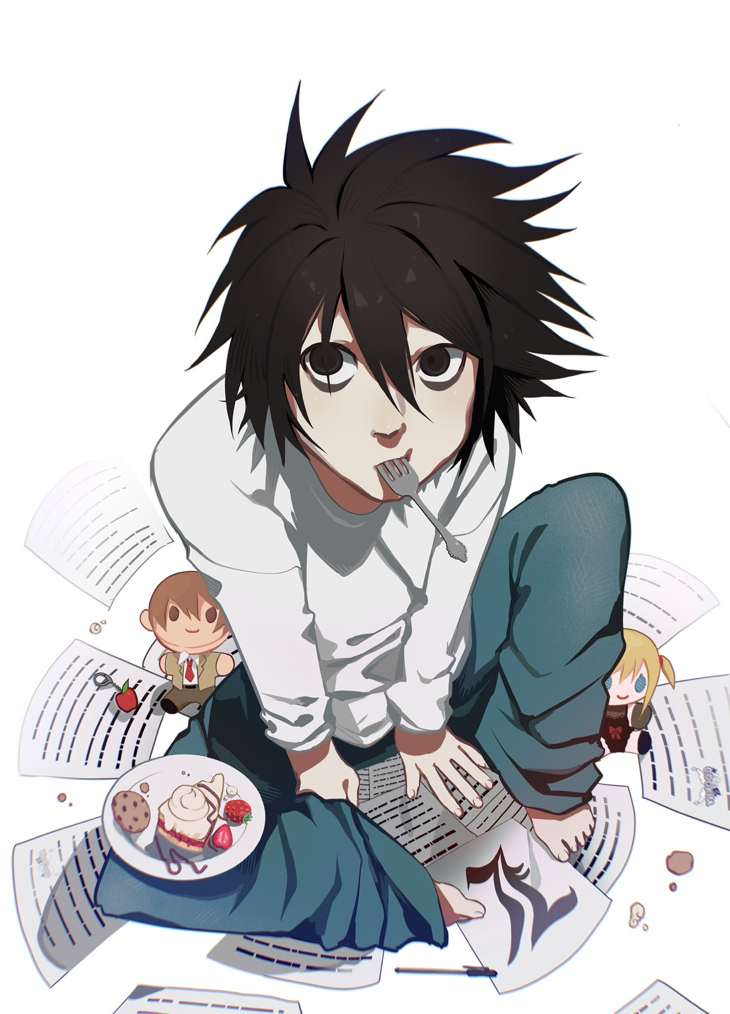 Fanart of L from Death Note. He is surrounded by misc papers, with a plate of cake sitting on his leg. He has a fork in his mouth. On each side of him are Light and Misa plushies.