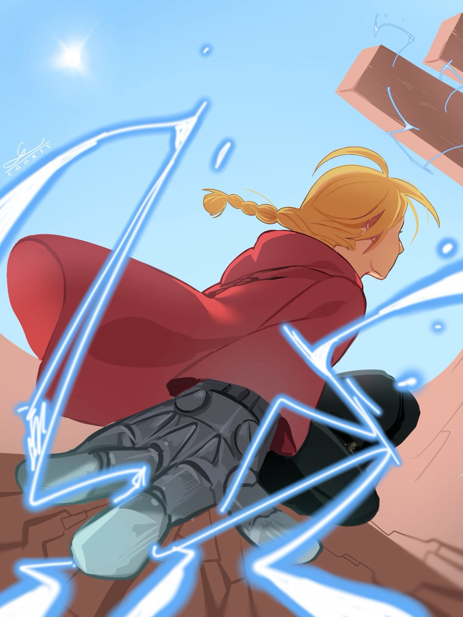 Edward Elric from Fullmetal Alchemist fanart. It’s a perspective shot from behind, with his automail hand closest to the camera. Bolts of blue lightning shoot up from his automail hand as he preforms alchemy. In the distance, two stone(?) platforms shoot up. His jacket and braid are flowing in the wind.