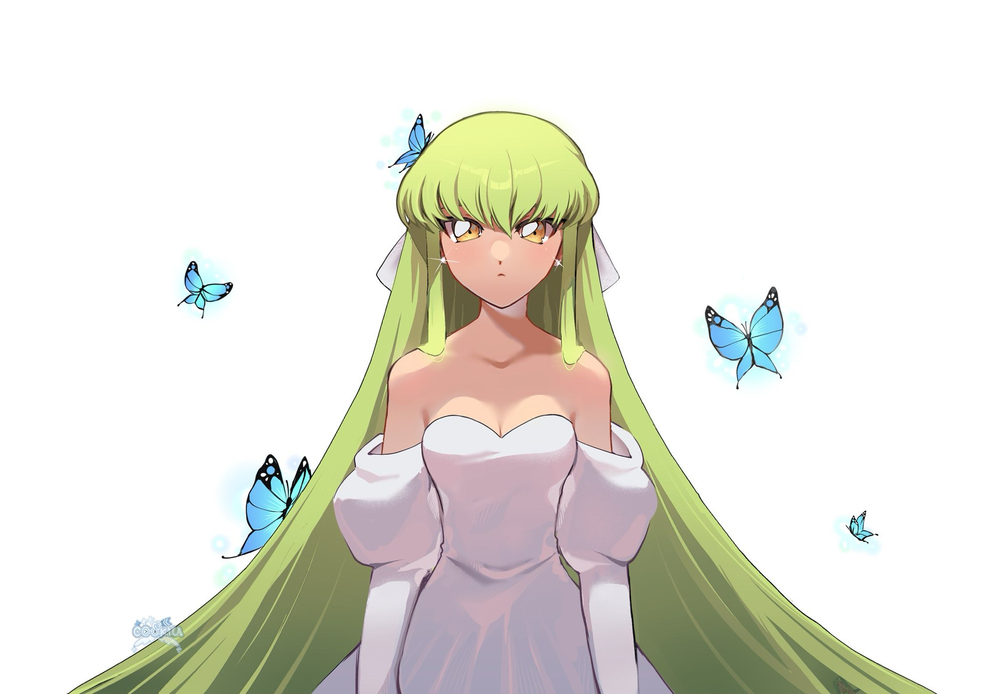 Code Geass C.C. fanart. She is in a white dress with blue butterflies around her.