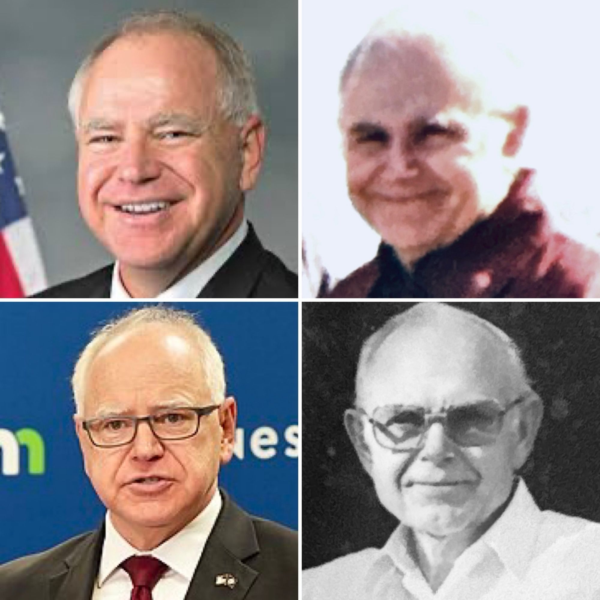 4-quadrant photo collage of VP-nominee Tim Walz and the author’s dad, who bears a resemblance to Walz. They are both 60-something white men with deeply receding white hair, bushy eyebrows, and broad midwestern features.