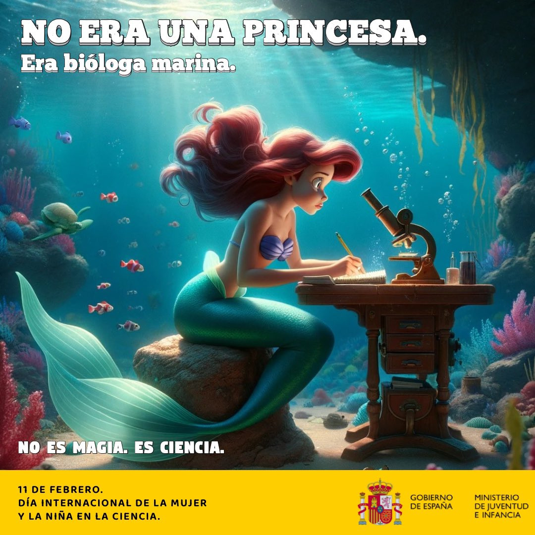 Imagen de la campaña del Ministerio de Juventud e Infancia del Gobierno de España para el Día Internacional de la Mujer y la Niña en la Ciencia. Mediante IA simula el personaje de la Sirenita de Disney observando un microscopio.