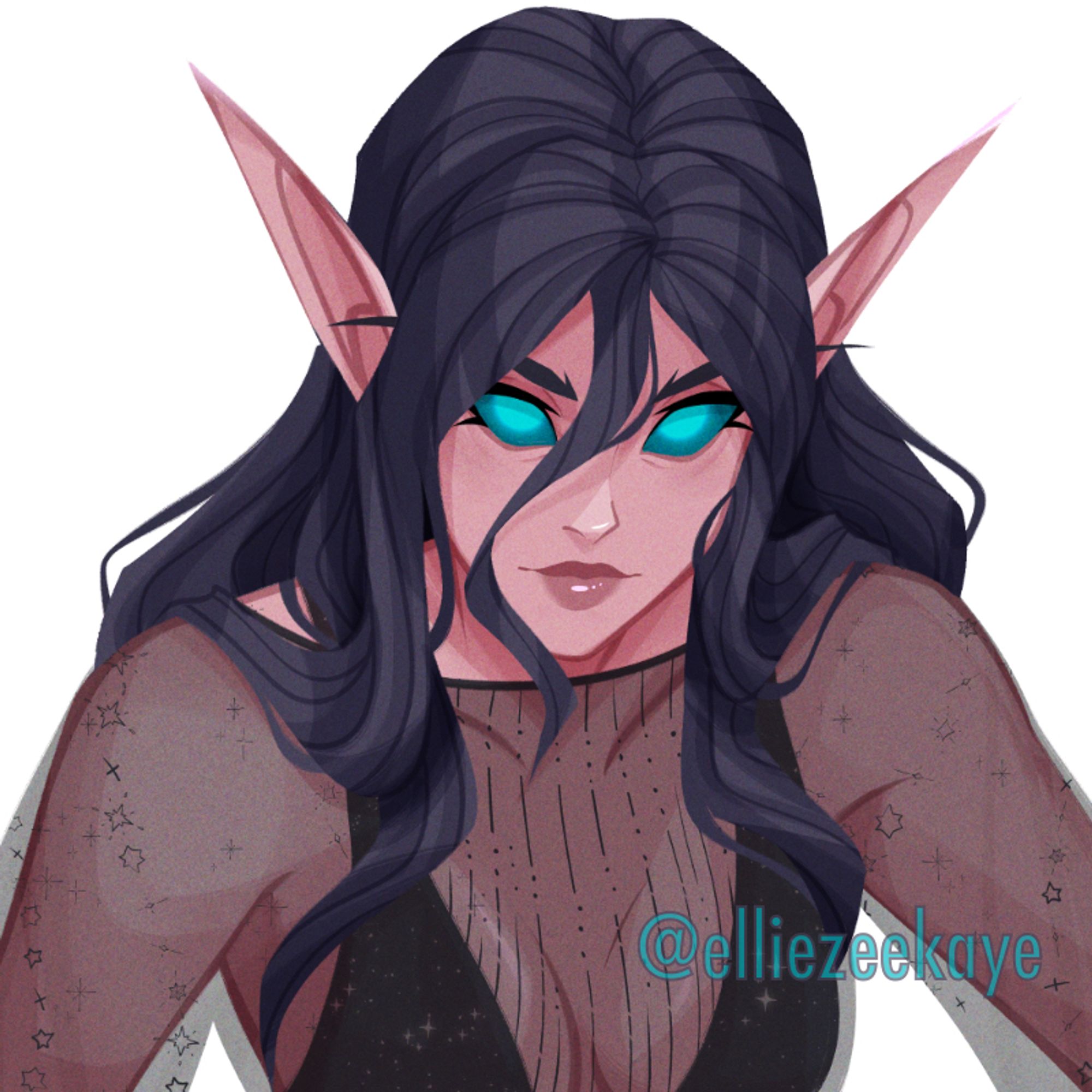 an elf woman with dark hair and lambent eyes who would gladly sacrifice you to an old god