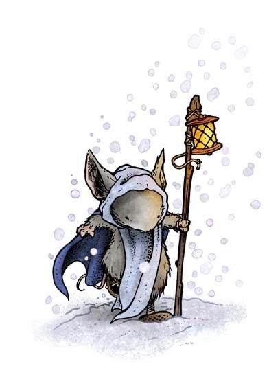 A grey mouse walking upright in the snow wearing a blue hooded tabard, and snow shoes. They are carrying a staff with a lantern hanging off the top. Art by David Peterson. 