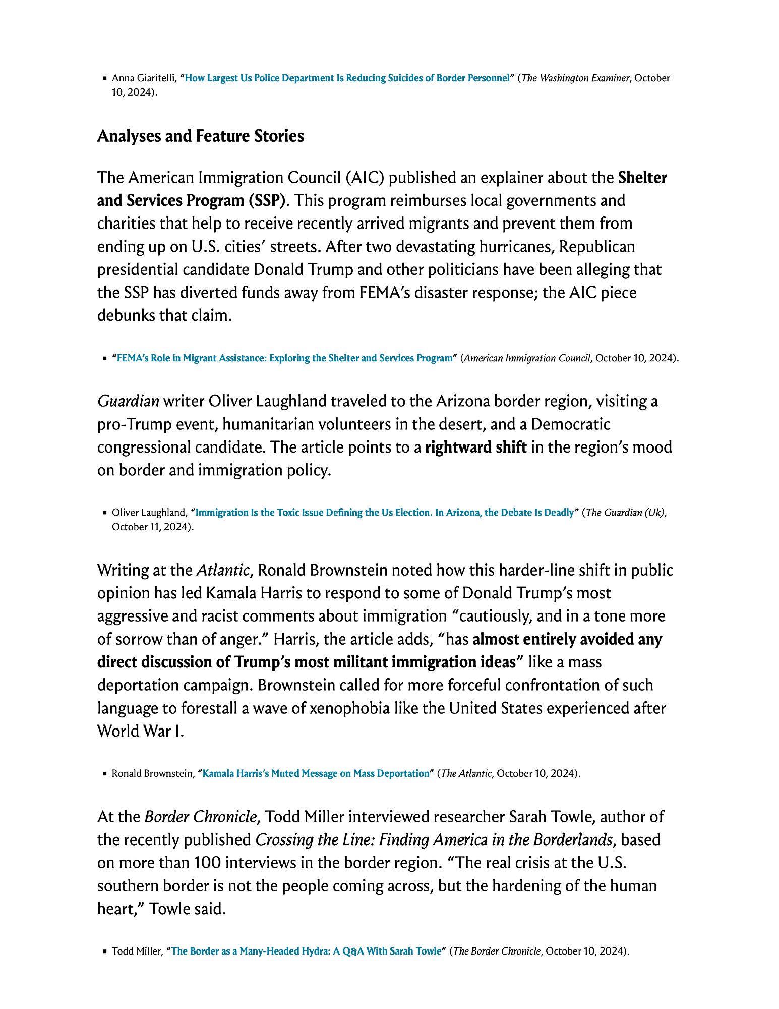 The American Immigration Council (AIC) published an explainer about the Shelter and Services Program (SSP). This program reimburses local governments and charities that help to receive recently arrived migrants and prevent them from ending up on U.S. cities’ streets. After two devastating hurricanes, Republican presidential candidate Donald Trump and other politicians have been alleging that the SSP has diverted funds away from FEMA’s disaster response; the AIC piece debunks that claim.

Guardian writer Oliver Laughland traveled to the Arizona border region, visiting a pro-Trump event, humanitarian volunteers in the desert, and a Democratic congressional candidate. The article points to a rightward shift in the region’s mood on border and immigration policy.

Screenshot of text you can read by clicking on the link in the post.