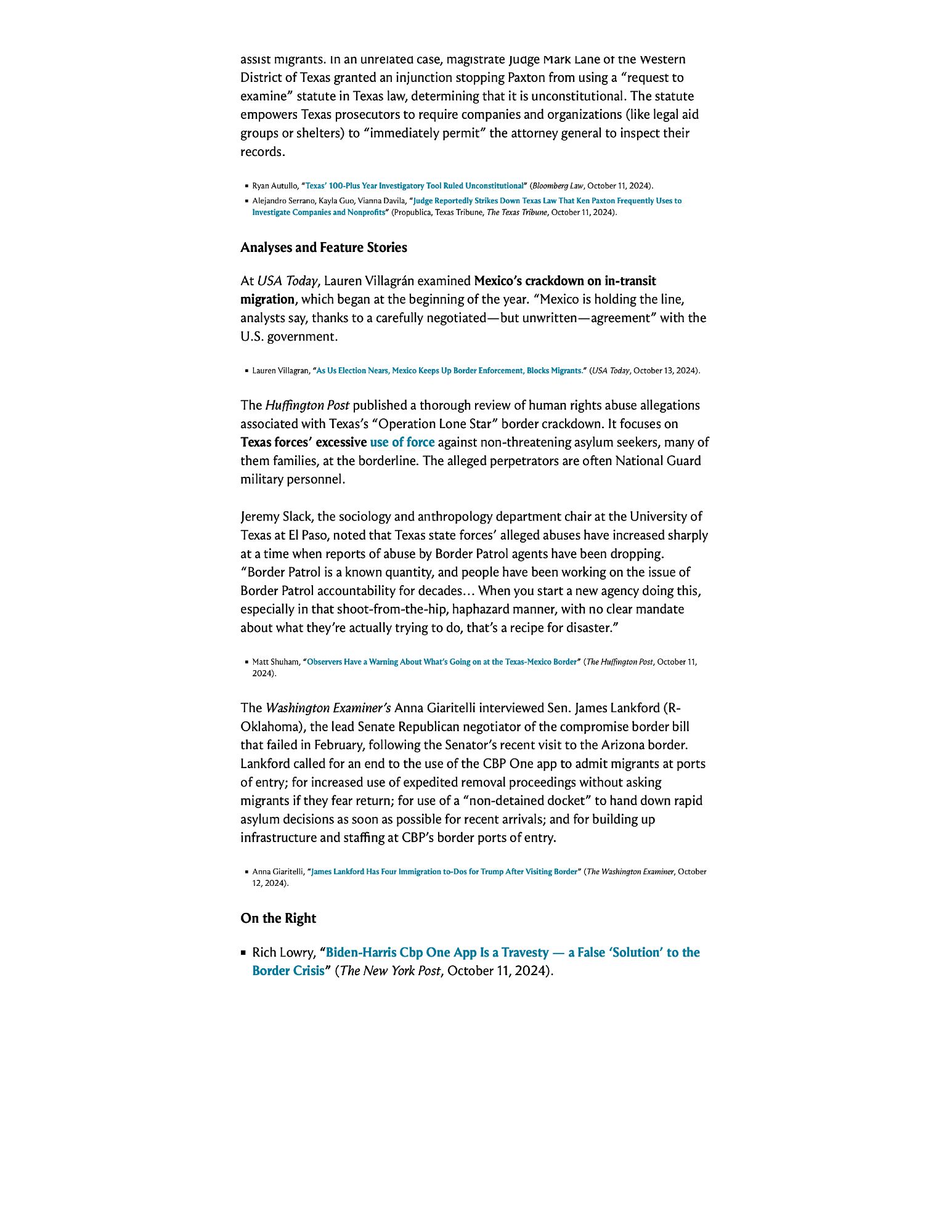 At USA Today, Lauren Villagrán examined Mexico’s crackdown on in-transit migration, which began at the beginning of the year. “Mexico is holding the line, analysts say, thanks to a carefully negotiated—but unwritten—agreement” with the U.S. government.

The Huffington Post published a thorough review of human rights abuse allegations associated with Texas’s “Operation Lone Star” border crackdown. It focuses on Texas forces’ excessive use of force against non-threatening asylum seekers, many of them families, at the borderline. The alleged perpetrators are often National Guard military personnel.

Screenshot of text you can read by clicking on the link in the post.