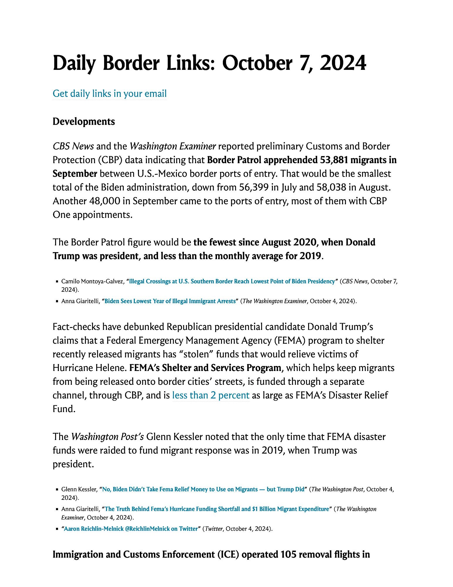 CBS News and the Washington Examiner reported preliminary Customs and Border Protection (CBP) data indicating that Border Patrol apprehended 53,881 migrants in September between U.S.-Mexico border ports of entry. That would be the smallest total of the Biden administration, down from 56,399 in July and 58,038 in August. Another 48,000 in September came to the ports of entry, most of them with CBP One appointments.

The Border Patrol figure would be the fewest since August 2020, when Donald Trump was president, and less than the monthly average for 2019.

Screenshot of text you can read by clicking on the link in the post.